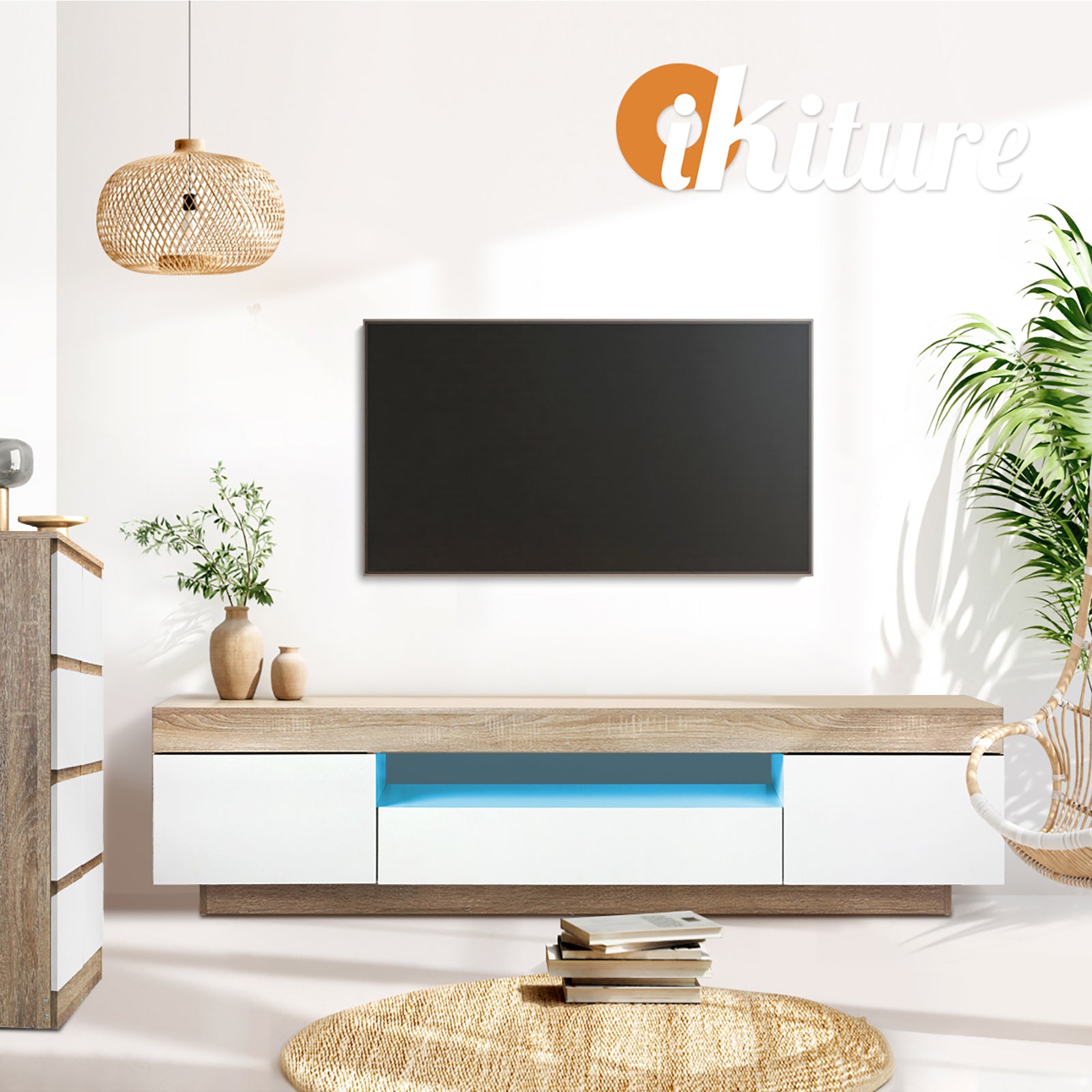 Oikiture TV Cabinet Entertainment Unit Stand RGB LED Storage Drawer Furniture - Sunyee