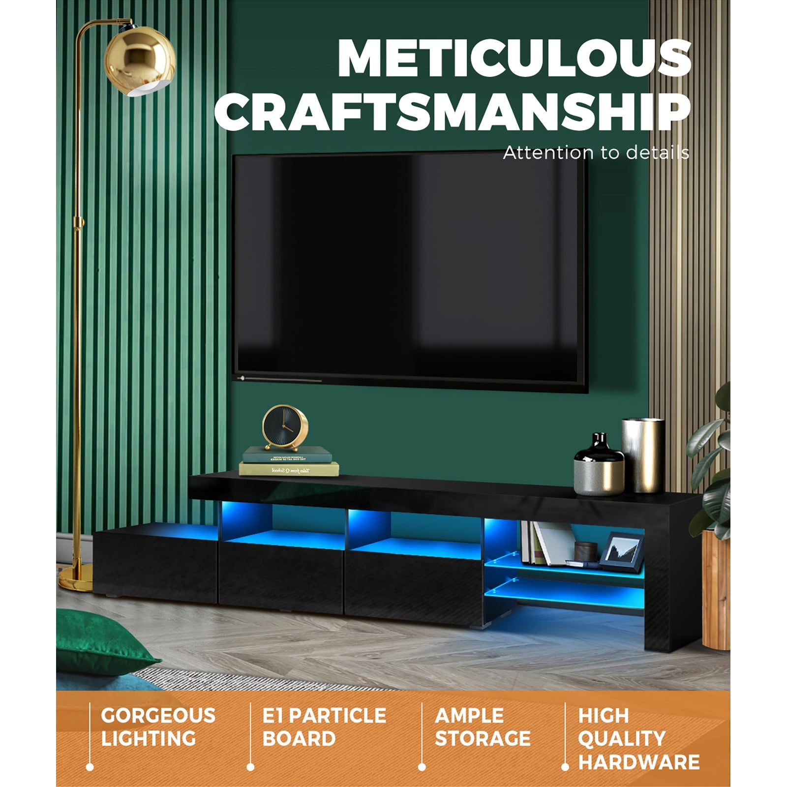 Oikiture TV Stand Cabinet LED Entertainment Unit Gloss Wooden 3 Drawers Black - Sunyee