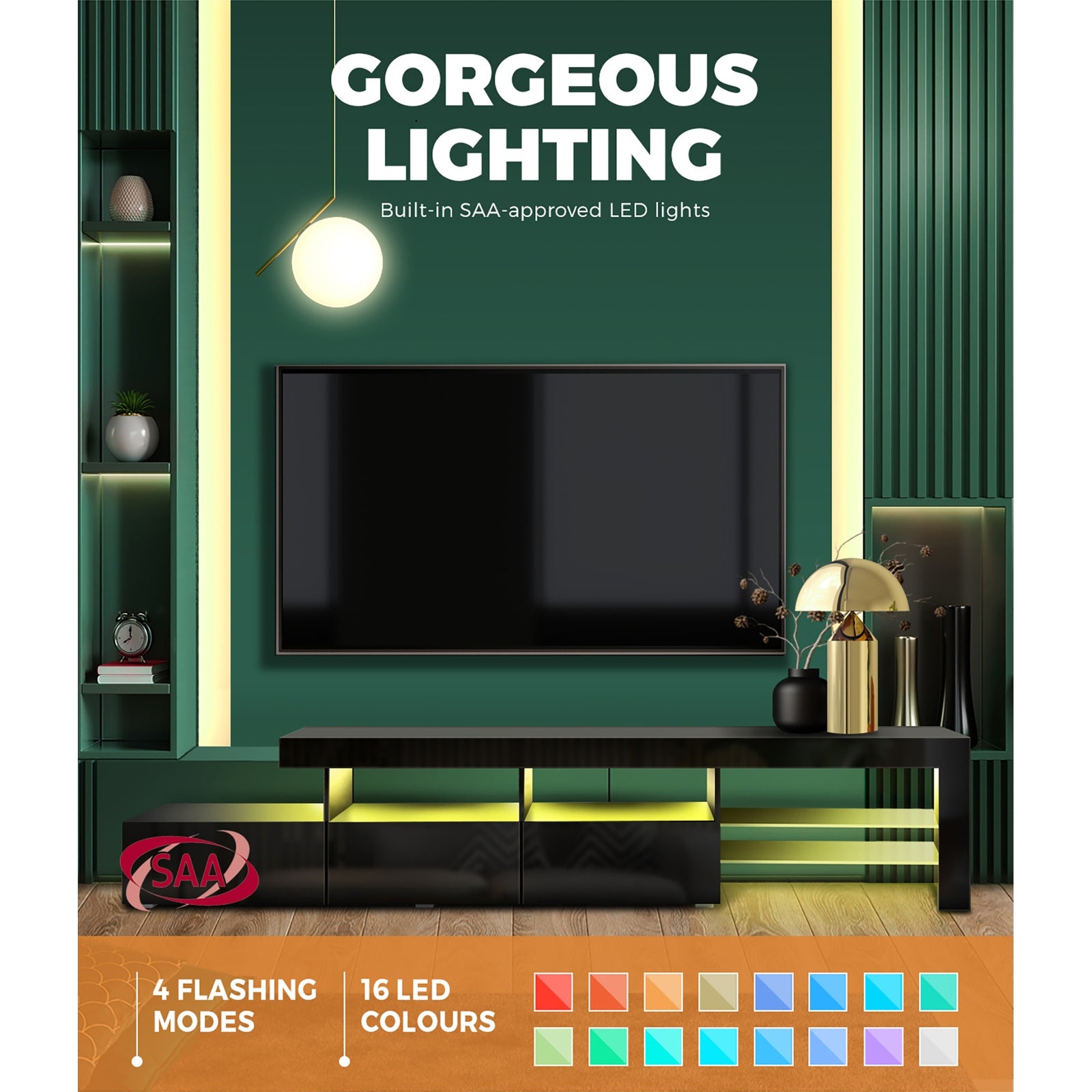 Oikiture TV Stand Cabinet LED Entertainment Unit Gloss Wooden 3 Drawers Black - Sunyee