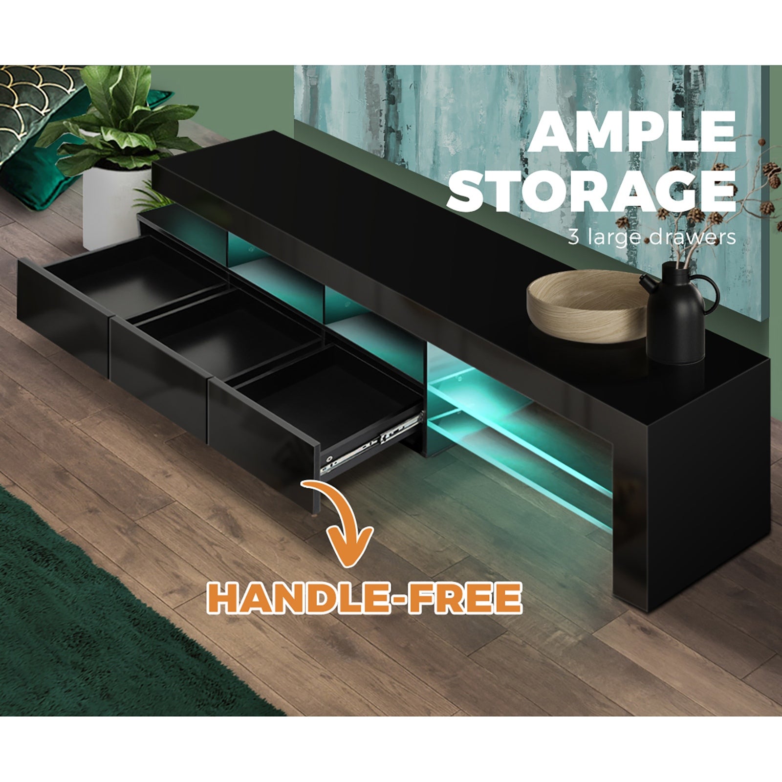 Oikiture TV Stand Cabinet LED Entertainment Unit Gloss Wooden 3 Drawers Black - Sunyee