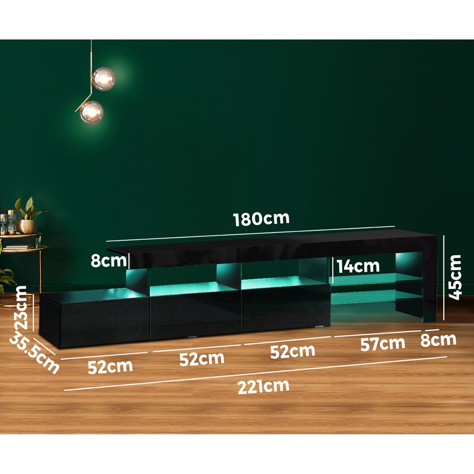 Oikiture TV Stand Cabinet LED Entertainment Unit Gloss Wooden 3 Drawers Black - Sunyee