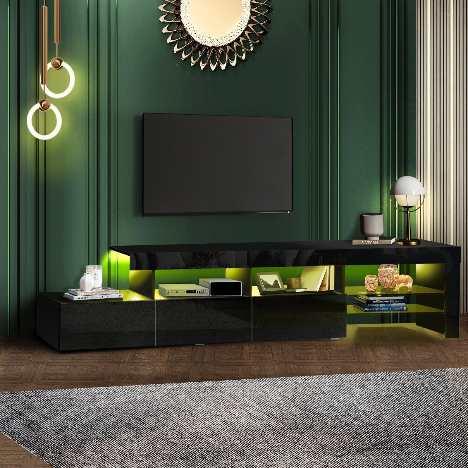 Oikiture TV Stand Cabinet LED Entertainment Unit Gloss Wooden 3 Drawers Black - Sunyee