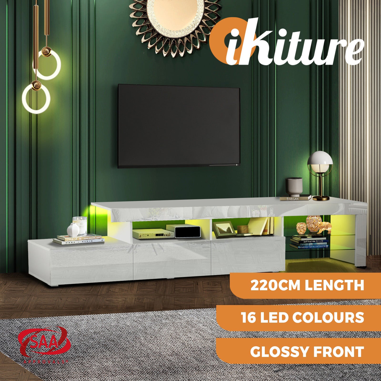 Oikiture TV Cabinet Entertainment Unit Stand LED RGB Gloss Storage Furniture - Sunyee