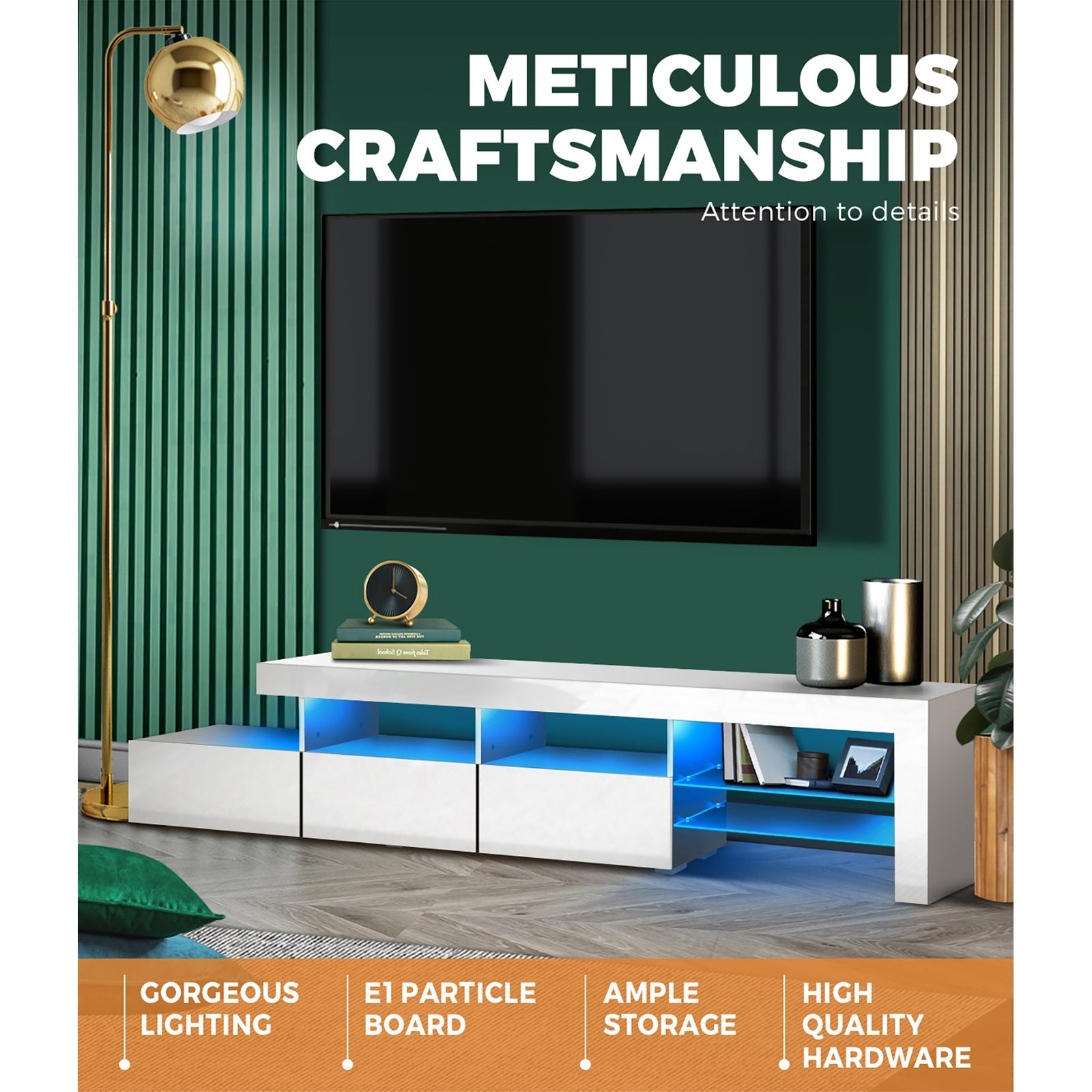 Oikiture TV Stand Cabinet LED Entertainment Unit Gloss Wooden 3 Drawers White - Sunyee