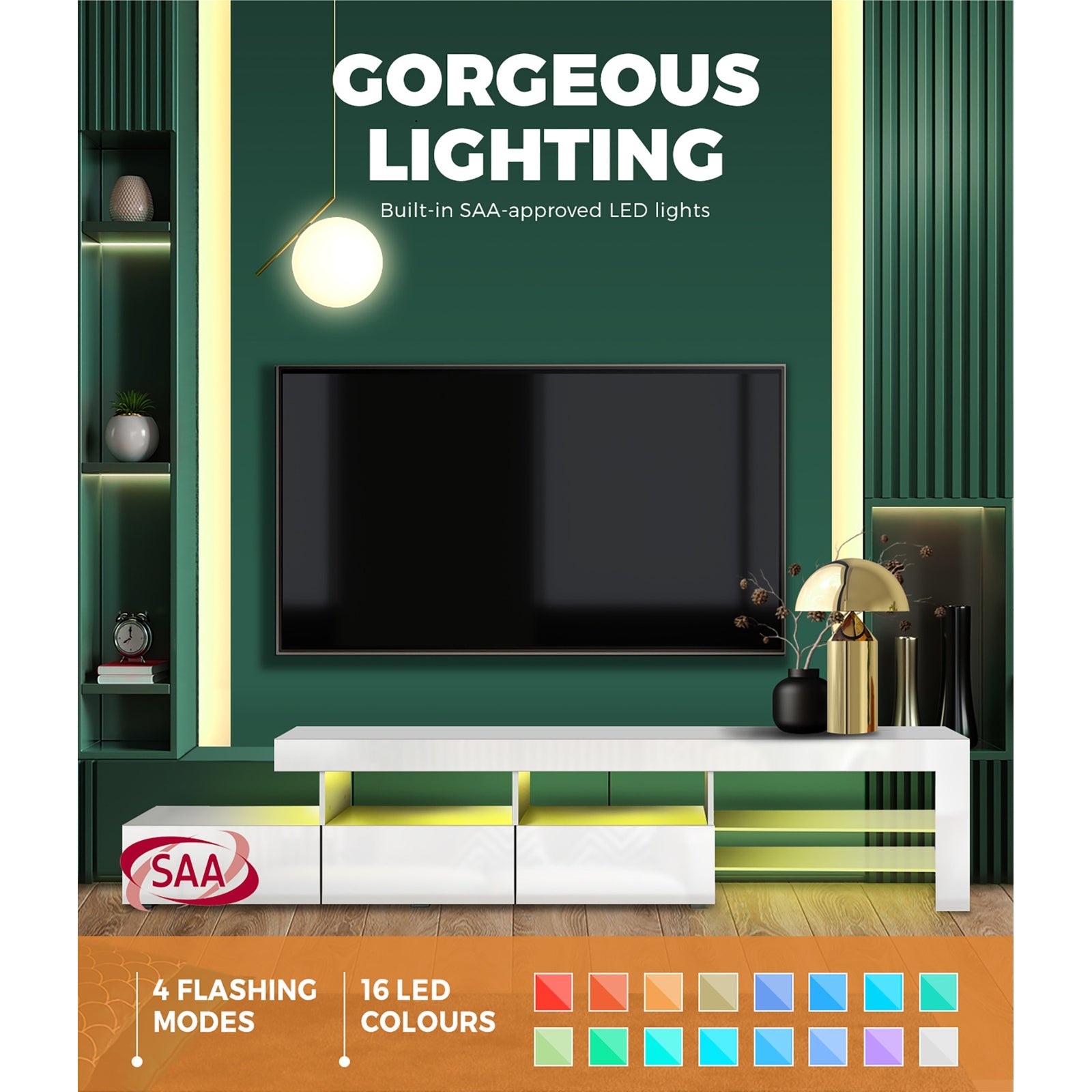 Oikiture TV Stand Cabinet LED Entertainment Unit Gloss Wooden 3 Drawers White - Sunyee