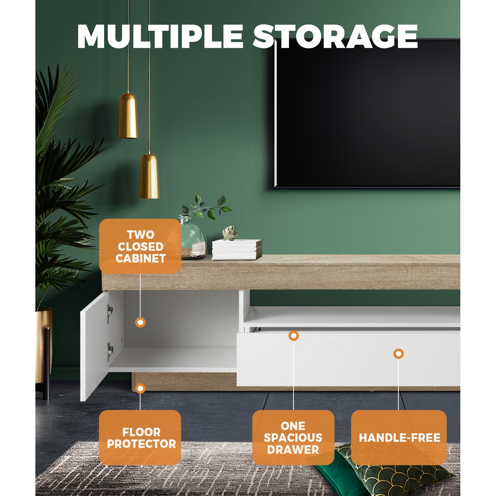 Oikiture TV Cabinet Entertainment Unit Stand RGB LED Storage Furniture 180cm - Sunyee