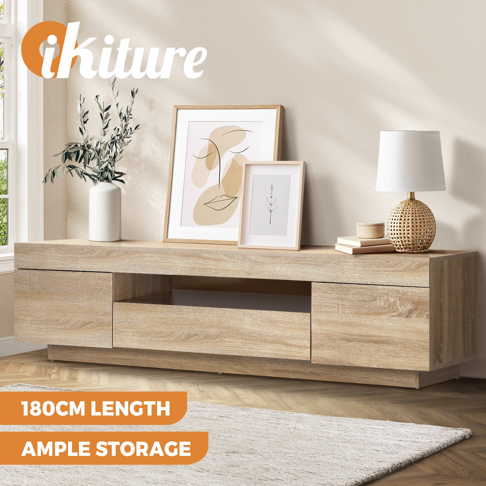 Oikiture TV Cabinet Entertainment Unit Stand RGB LED Storage Drawer Furniture - Sunyee