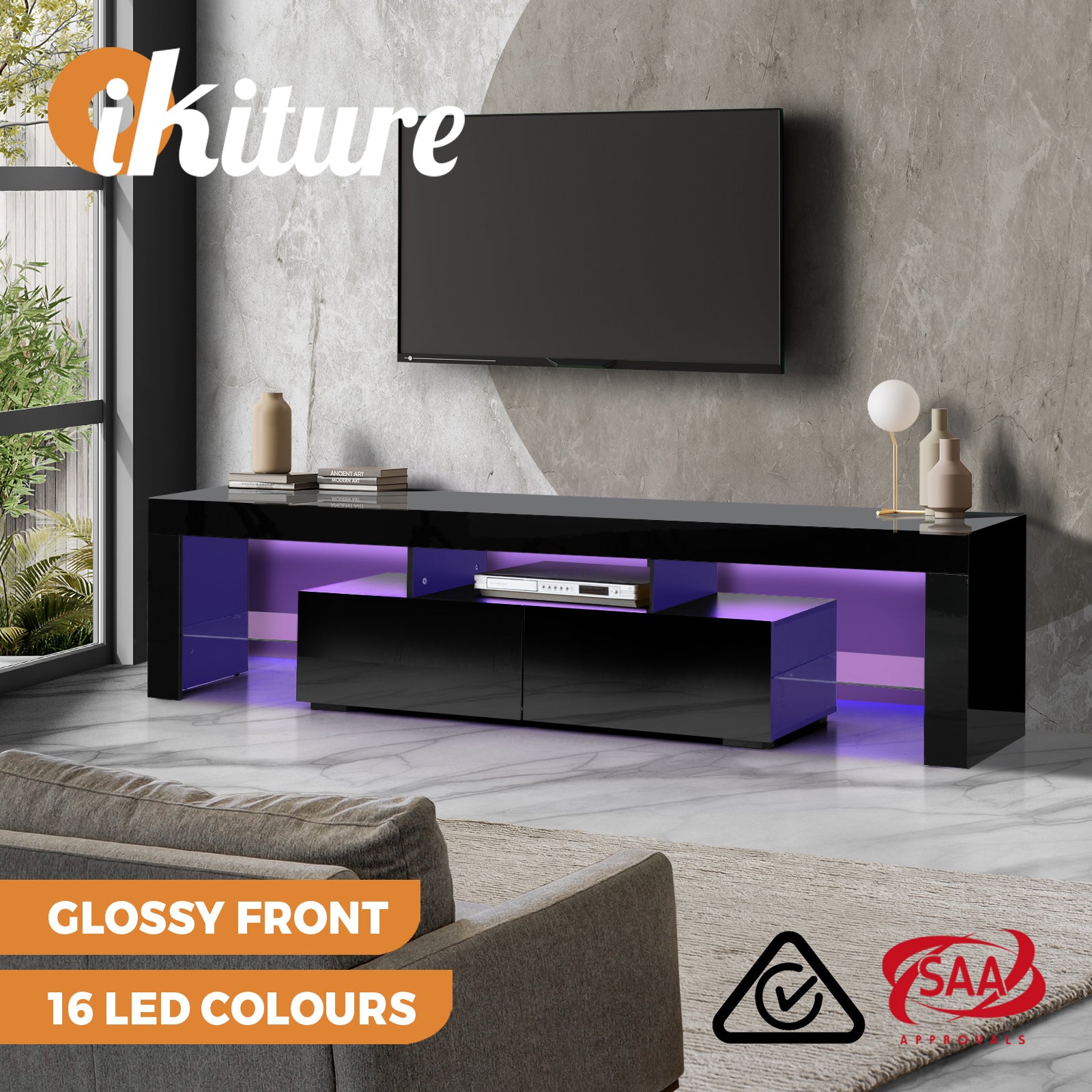 Oikiture TV Cabinet Entertainment Unit Stand LED RGB Gloss Storage Furniture - Sunyee
