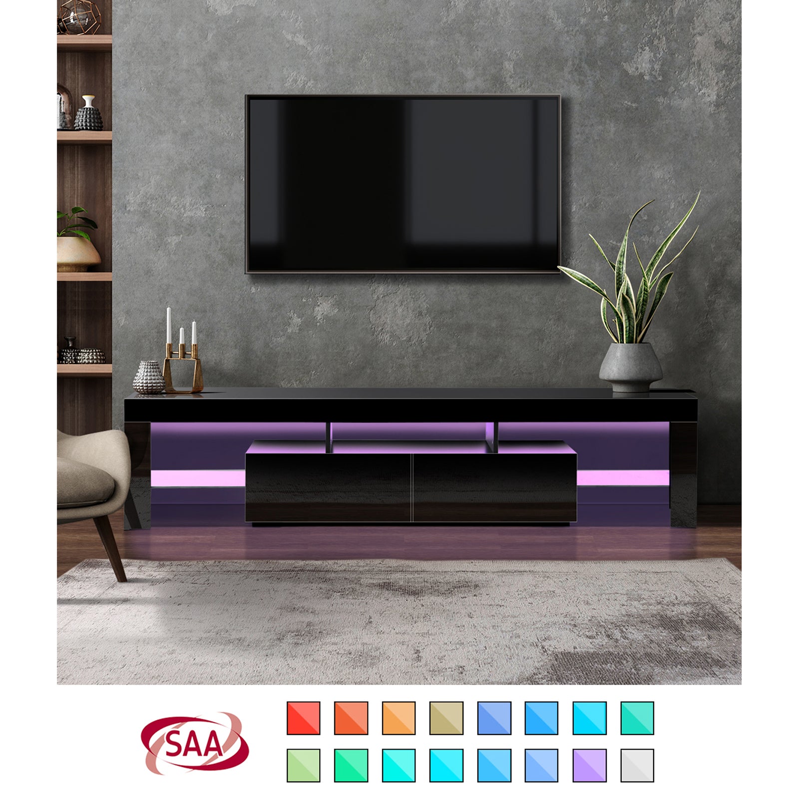 Oikiture TV Cabinet Entertainment Unit Stand LED RGB Gloss Furniture Black 180CM - Sunyee
