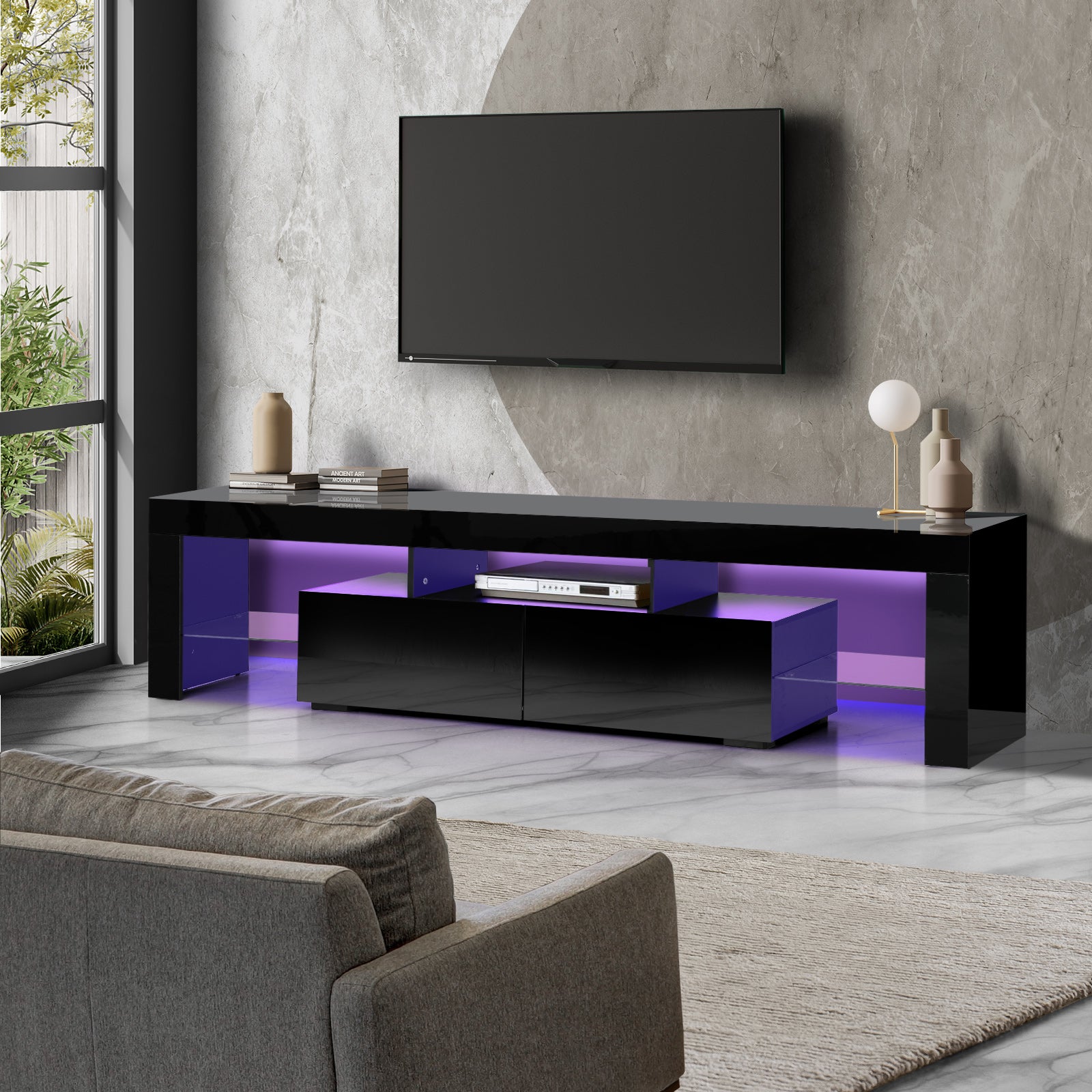 Oikiture TV Cabinet Entertainment Unit Stand LED RGB Gloss Furniture Black 180CM - Sunyee