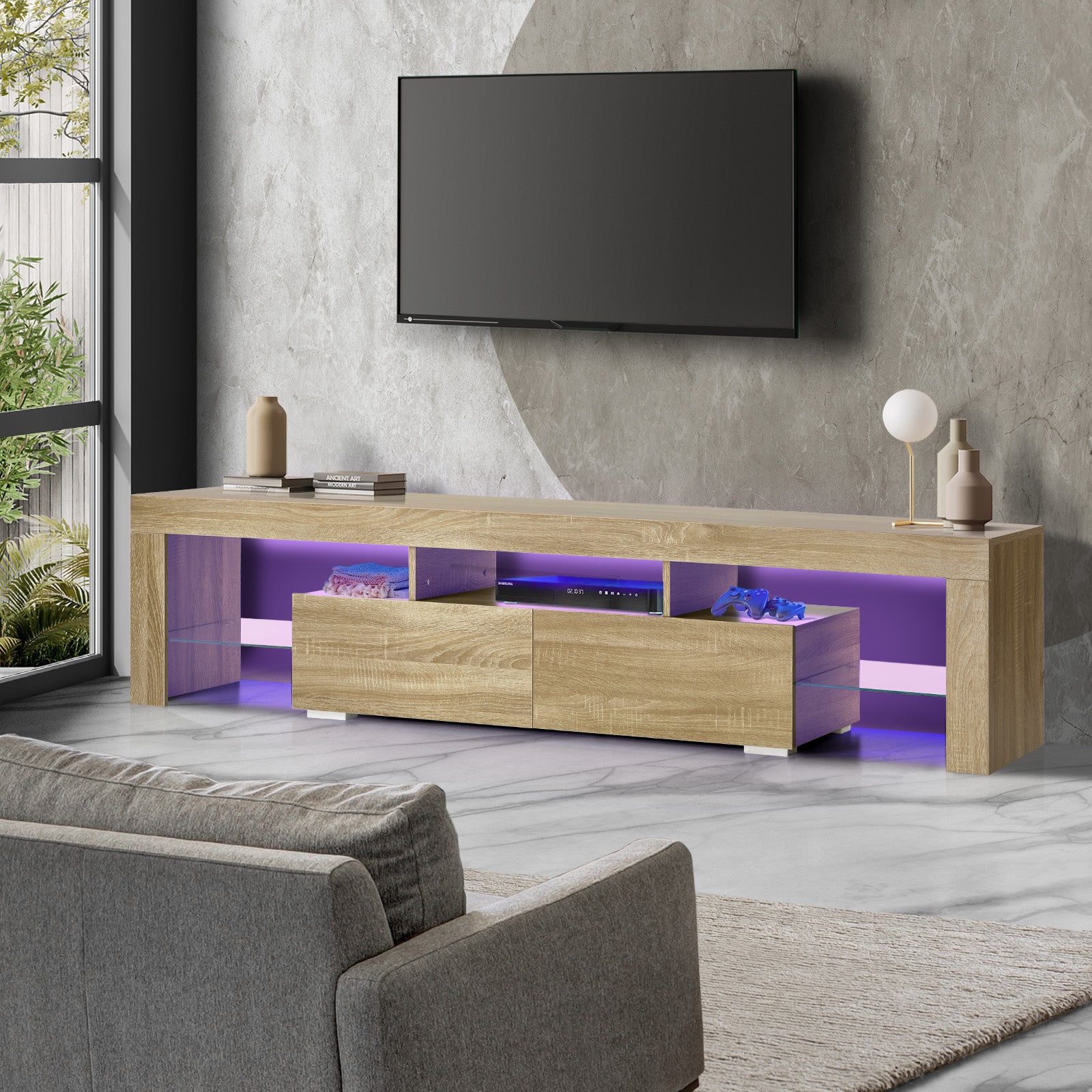 Oikiture Entertainment Unit TV Cabinet Stand Drawers LED RGB Natural 180cm
