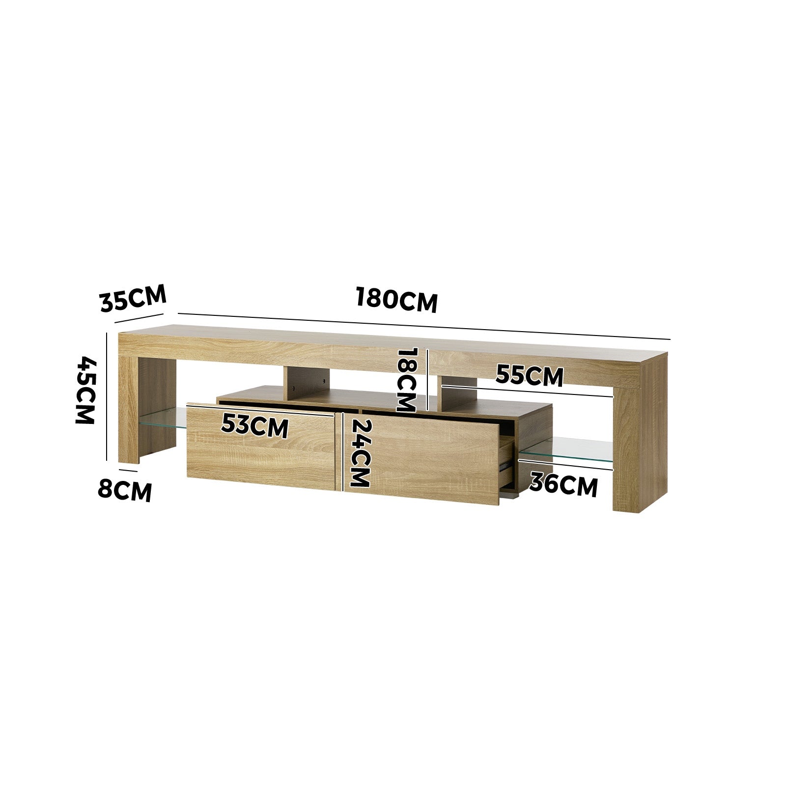 Oikiture Entertainment Unit TV Cabinet Stand Drawers LED RGB Natural 180cm