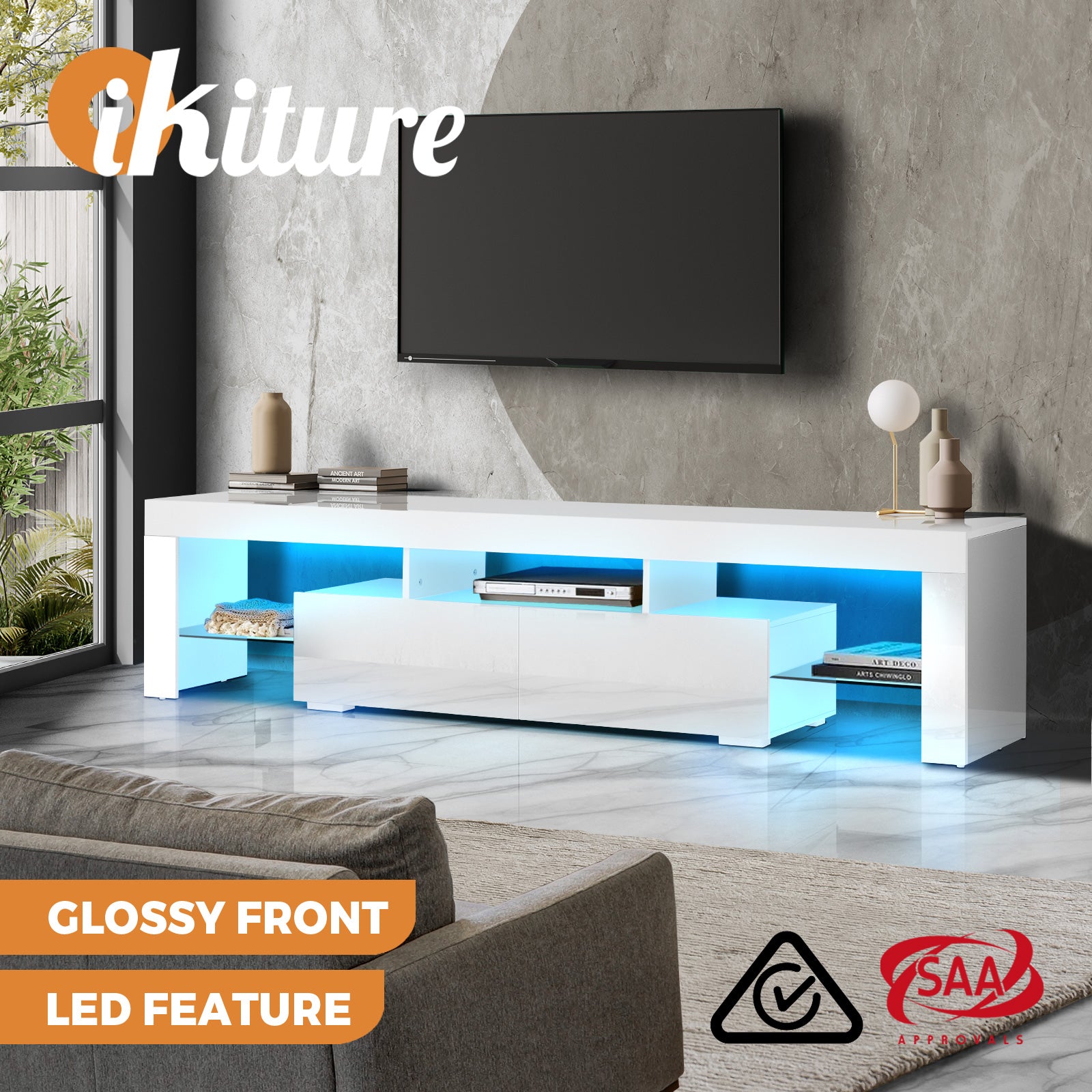 Oikiture Entertainment Unit TV Unit TV Cabinet Stand LED Gloss 180CM Black White - Sunyee