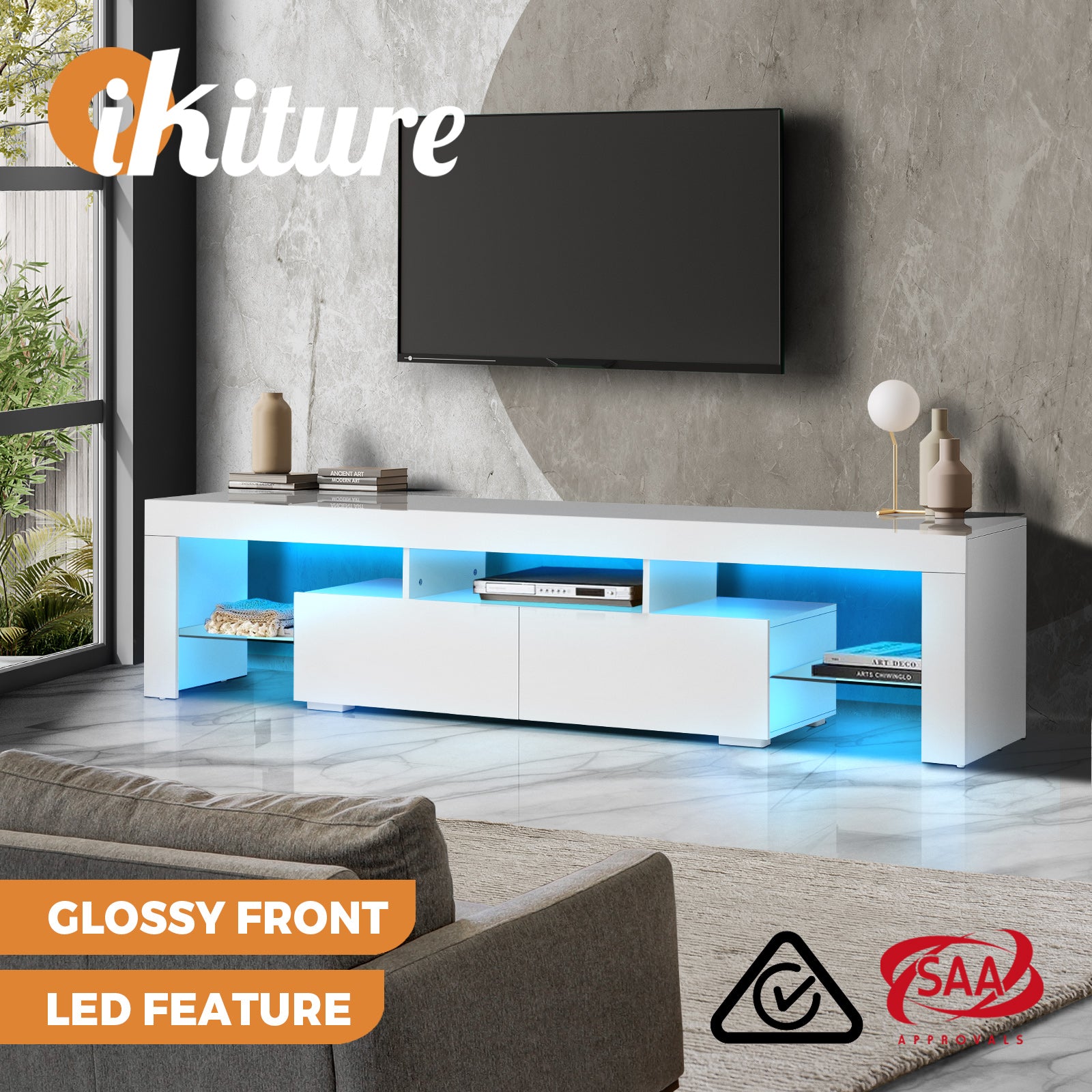 Oikiture TV Cabinet Entertainment Unit Stand LED RGB Gloss Storage Furniture - Sunyee