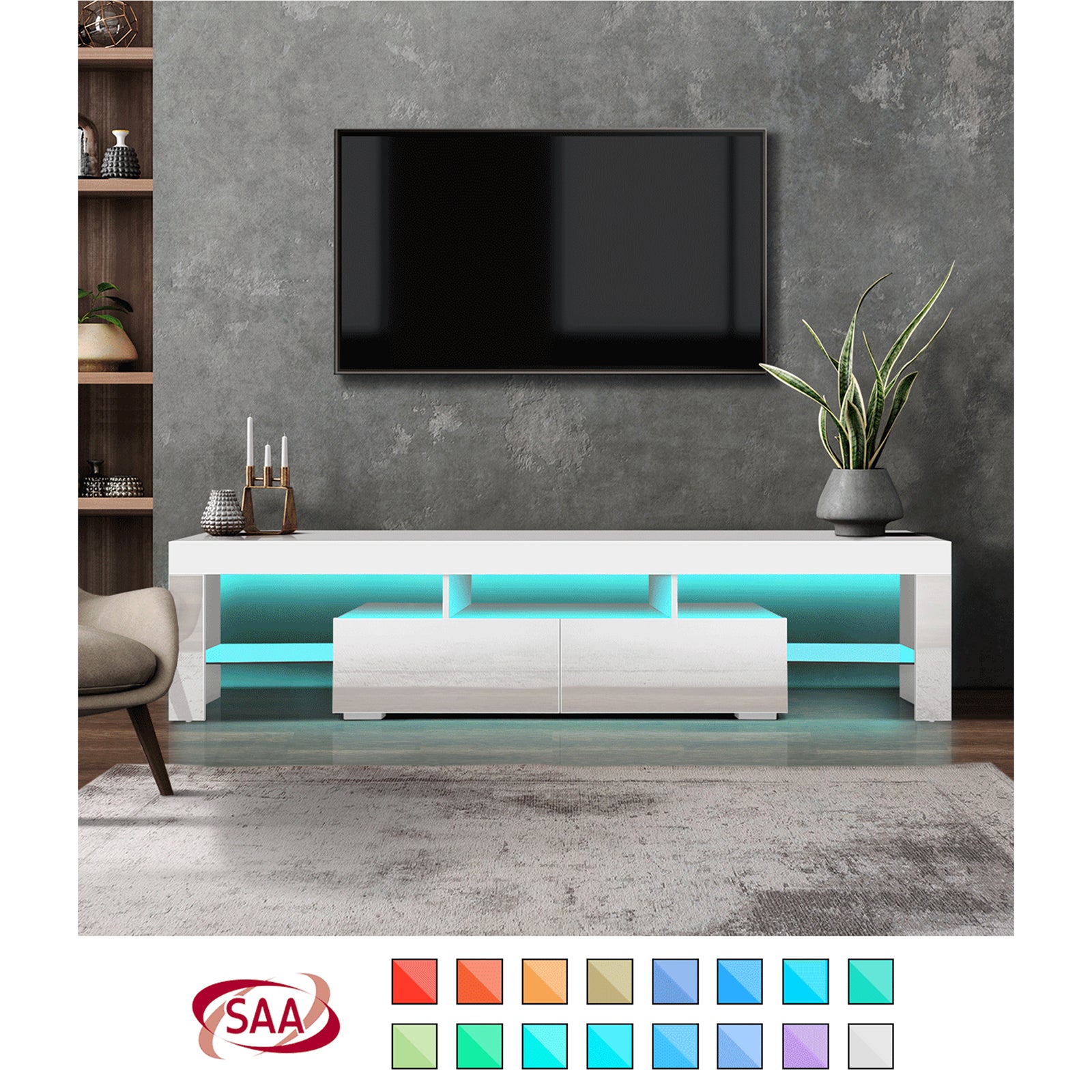 Oikiture TV Cabinet Entertainment Unit Stand LED RGB Gloss Furniture White 180CM - Sunyee