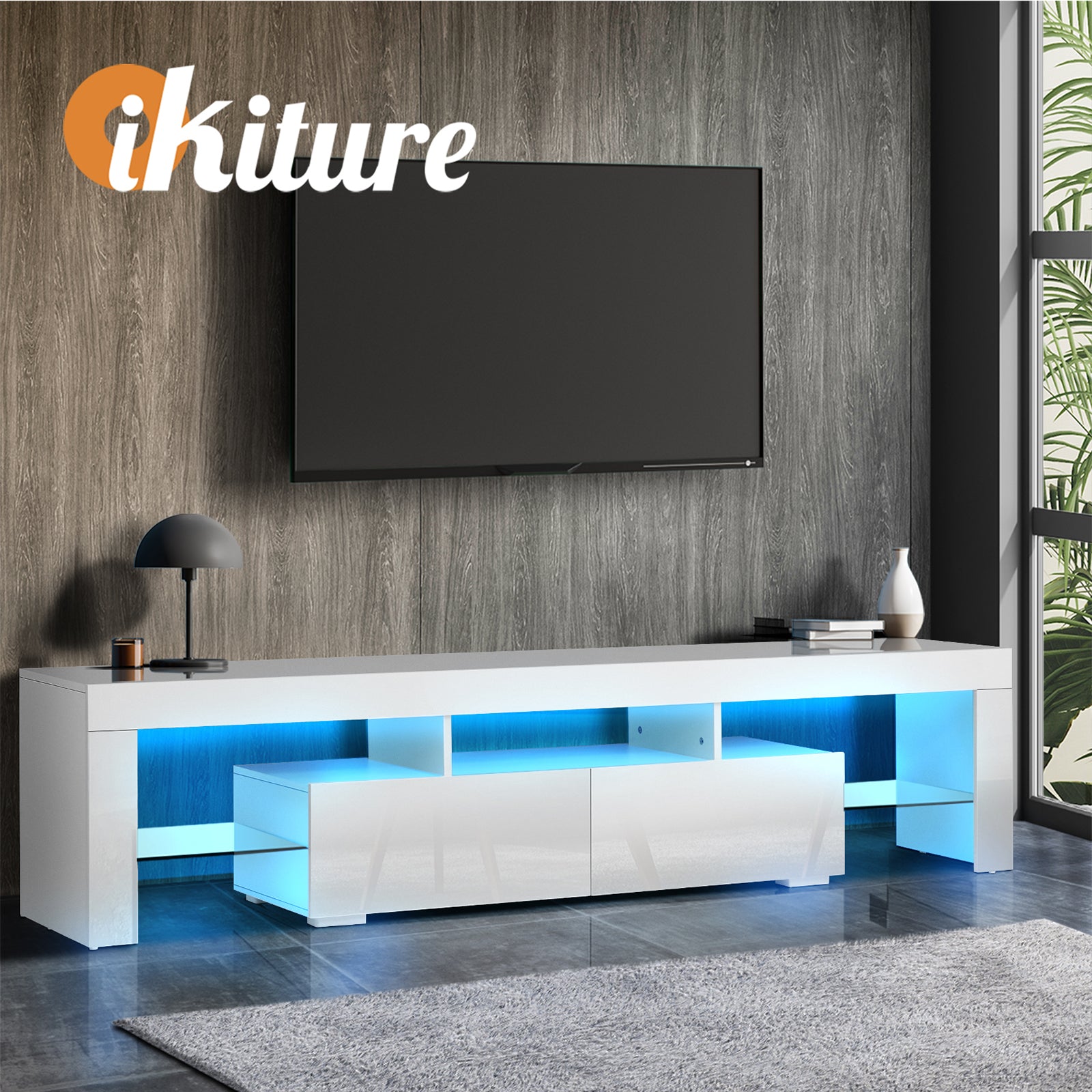 Oikiture TV Cabinet Entertainment Unit Stand LED RGB Gloss Furniture White 180CM - Sunyee