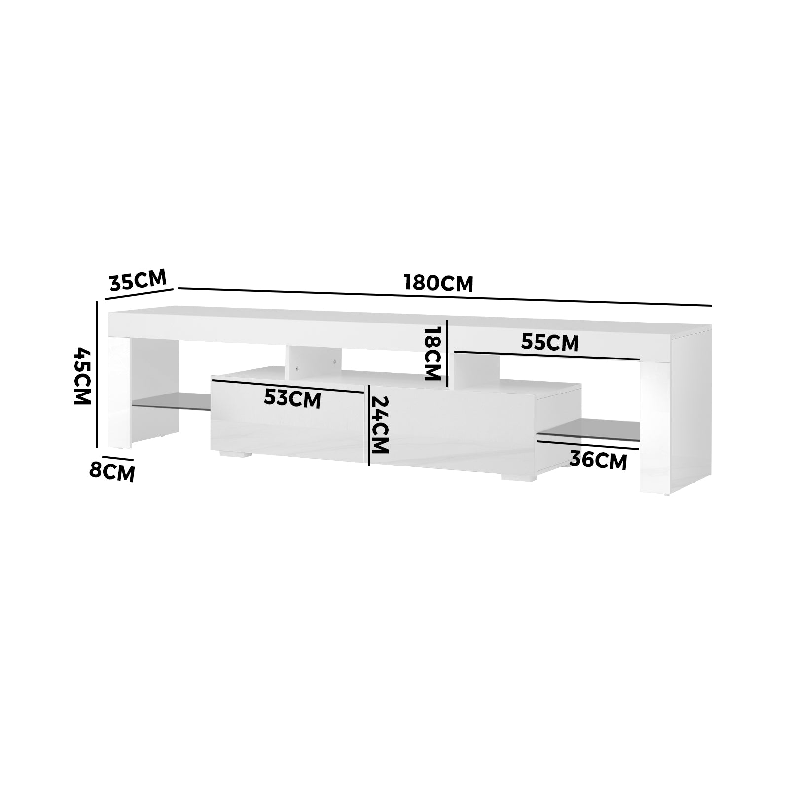 Oikiture TV Cabinet Entertainment Unit Stand LED RGB Gloss Furniture White 180CM - Sunyee