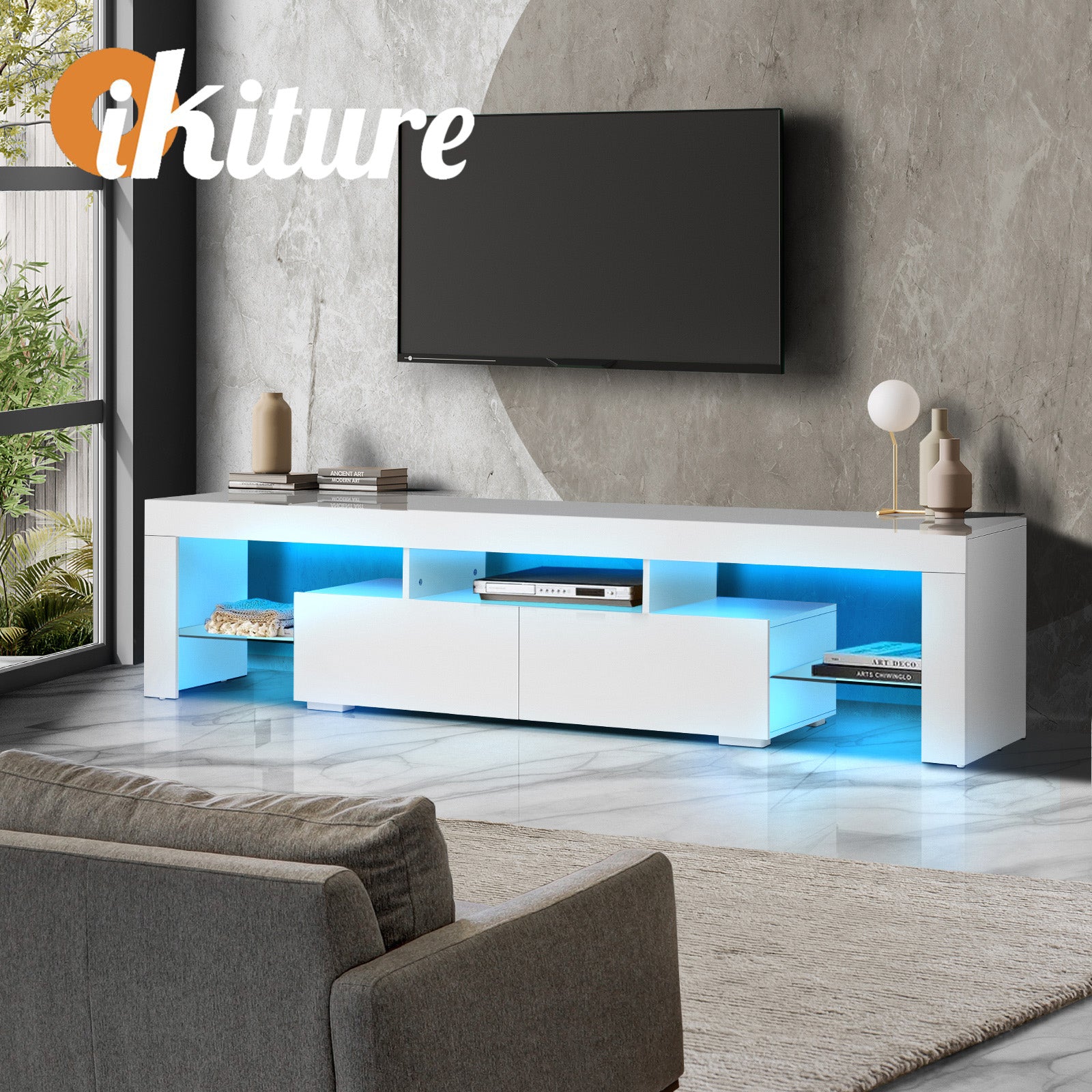 Oikiture TV Cabinet Entertainment Unit Stand LED RGB Gloss Furniture White 180CM - Sunyee