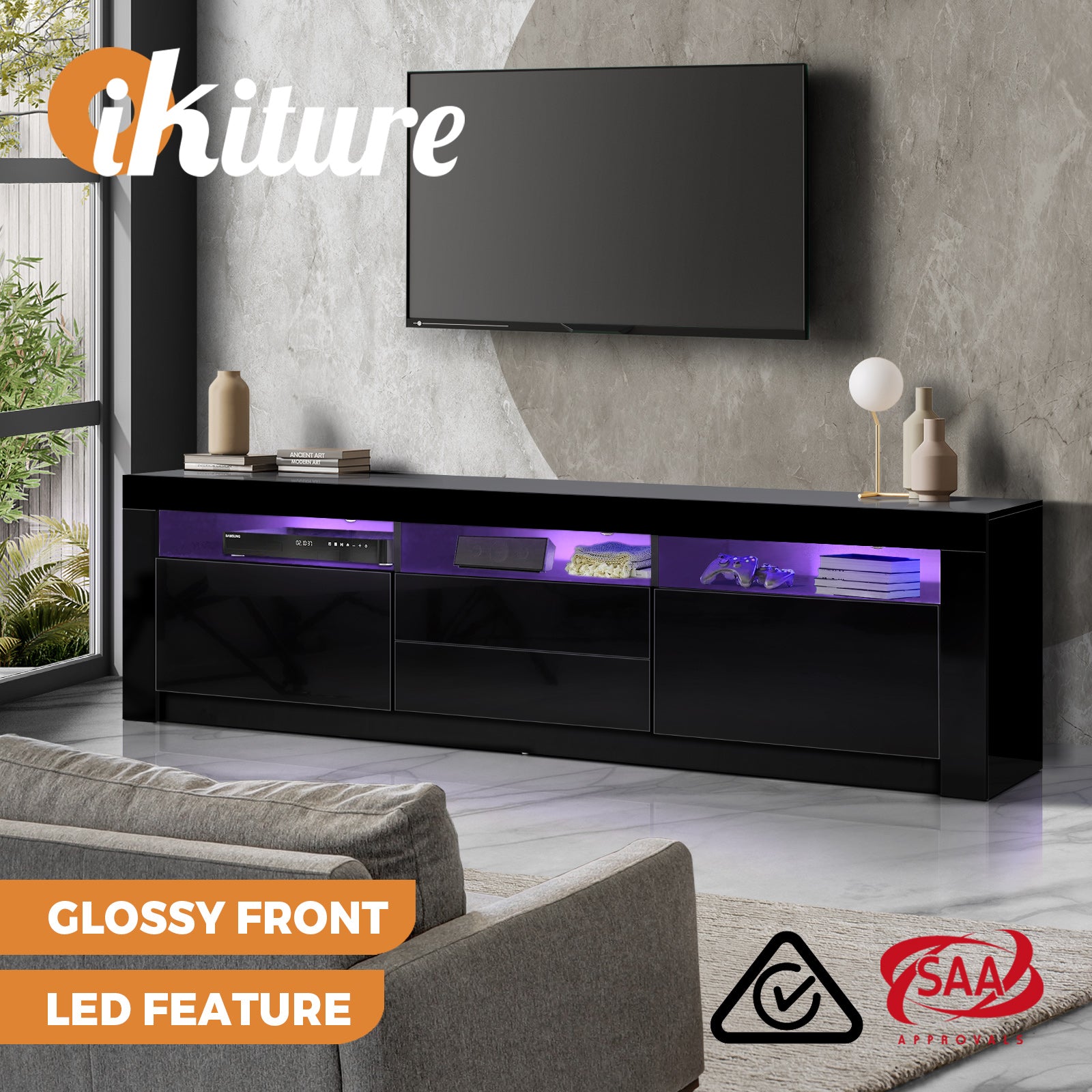 Oikiture TV Cabinet Entertainment Unit Stand LED RGB Gloss Storage Furniture - Sunyee