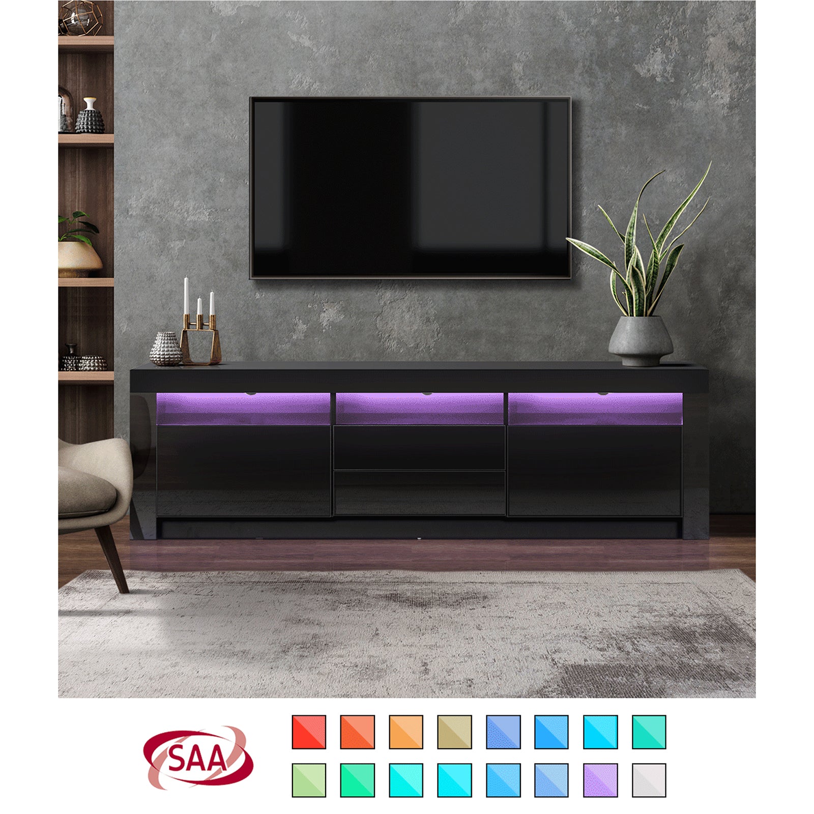 Oikiture TV Cabinet Entertainment Unit Stand RGB LED Gloss Furniture Black 180CM - Sunyee