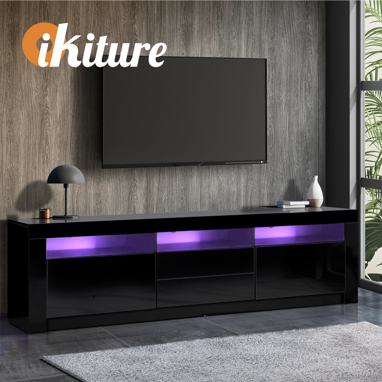 Oikiture TV Cabinet Entertainment Unit Stand RGB LED Gloss Furniture Black 180CM - Sunyee