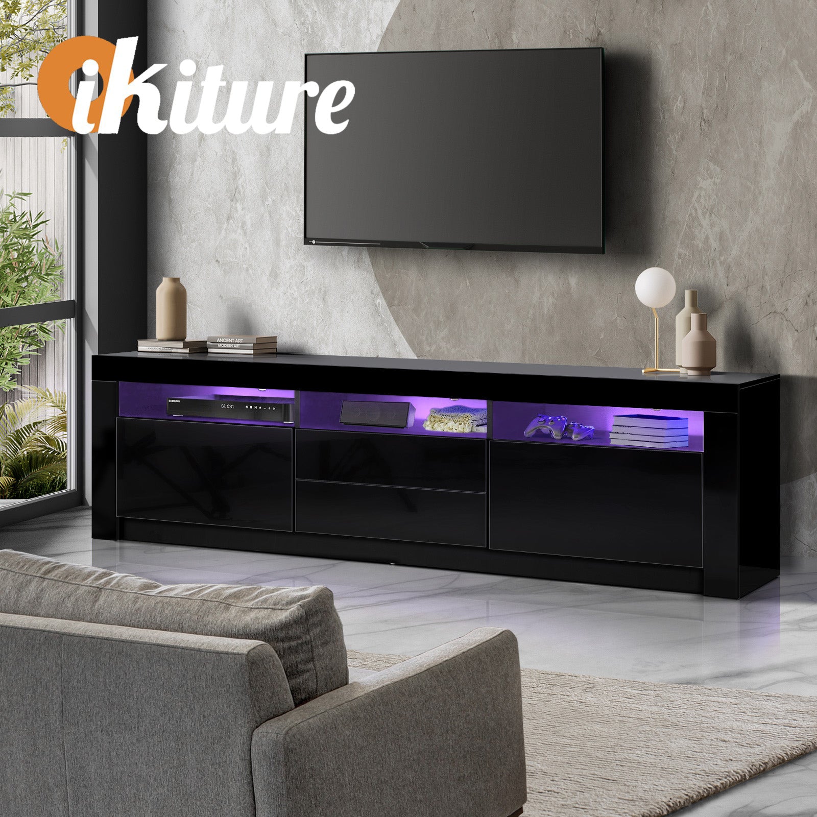 Oikiture TV Cabinet Entertainment Unit Stand RGB LED Gloss Furniture Black 180CM - Sunyee