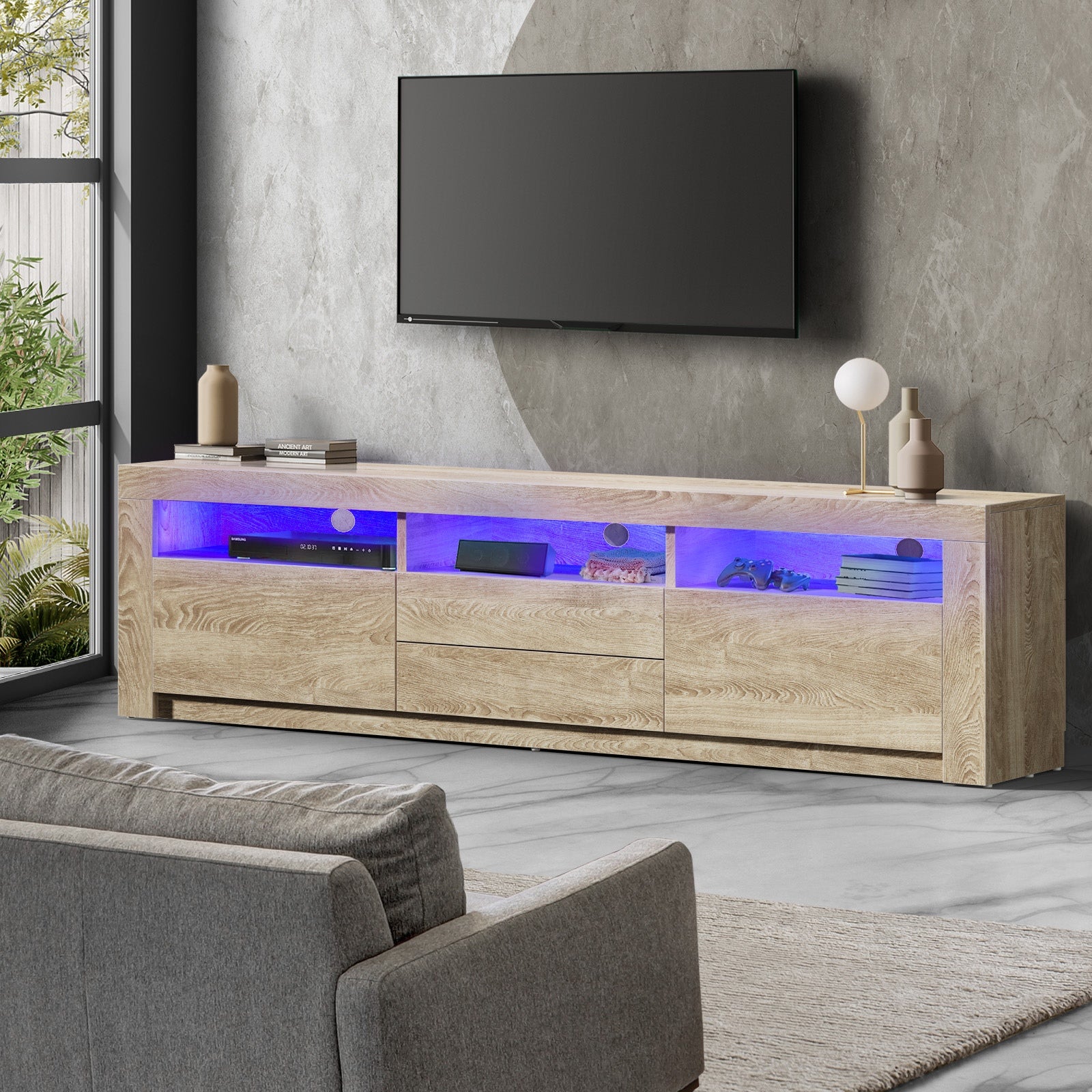 Oikiture TV Cabinet Entertainment Unit Stand RGB LED Storage Drawer Oak 180cm - Sunyee
