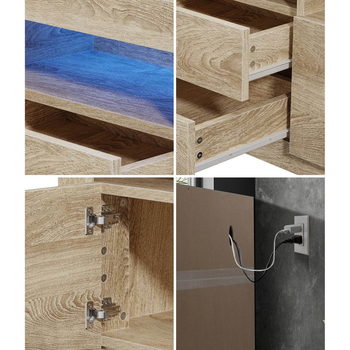 Oikiture TV Cabinet Entertainment Unit Stand RGB LED Storage Drawer Oak 180cm - Sunyee