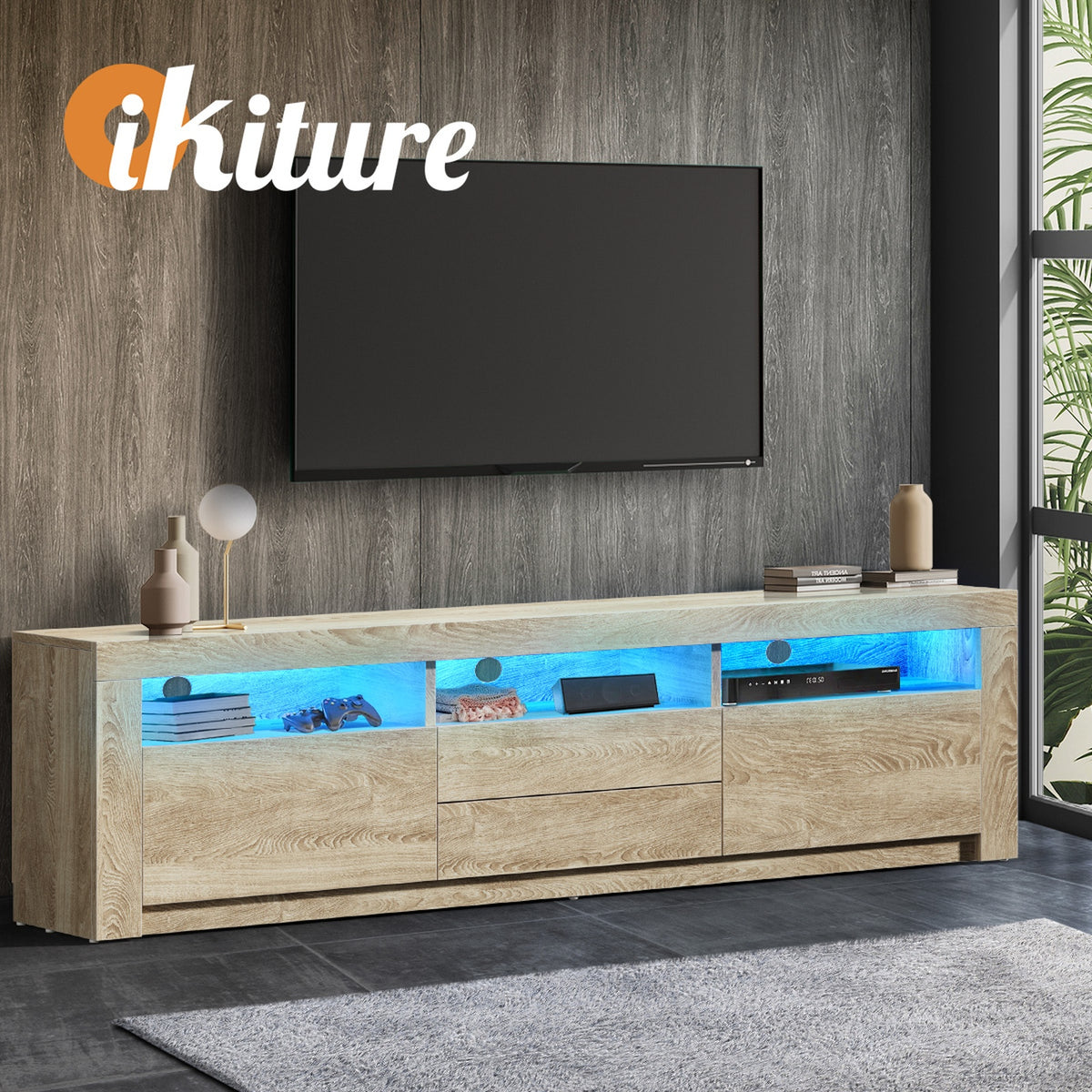 Oikiture TV Cabinet Entertainment Unit Stand RGB LED Storage Drawer Oak 180cm - Sunyee