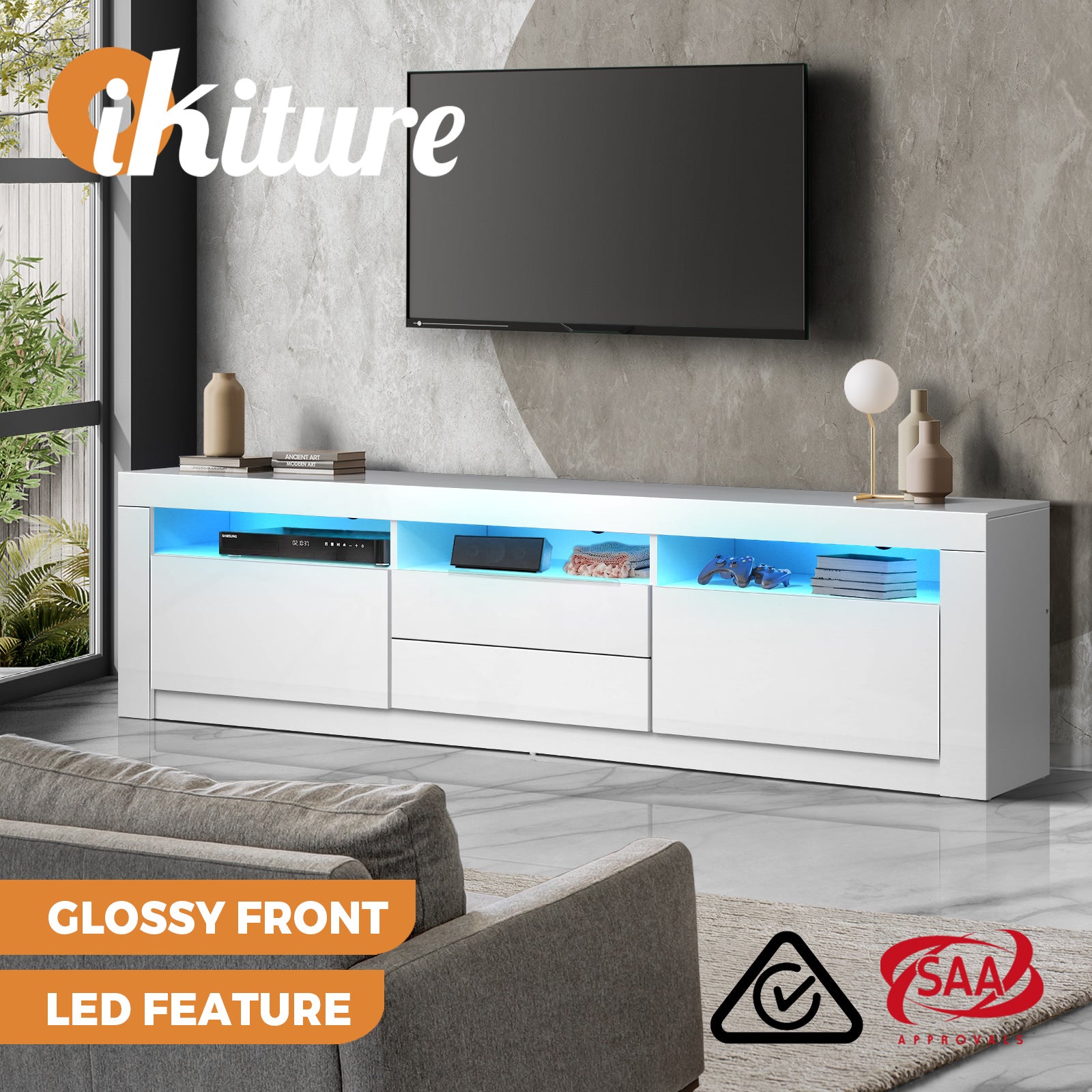 Oikiture TV Cabinet Entertainment Unit Stand LED RGB Gloss Storage Furniture - Sunyee