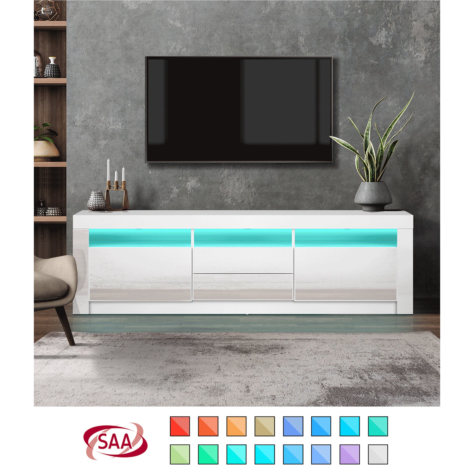 Oikiture TV Cabinet Entertainment Unit Stand RGB LED Gloss Furniture White 180CM - Sunyee