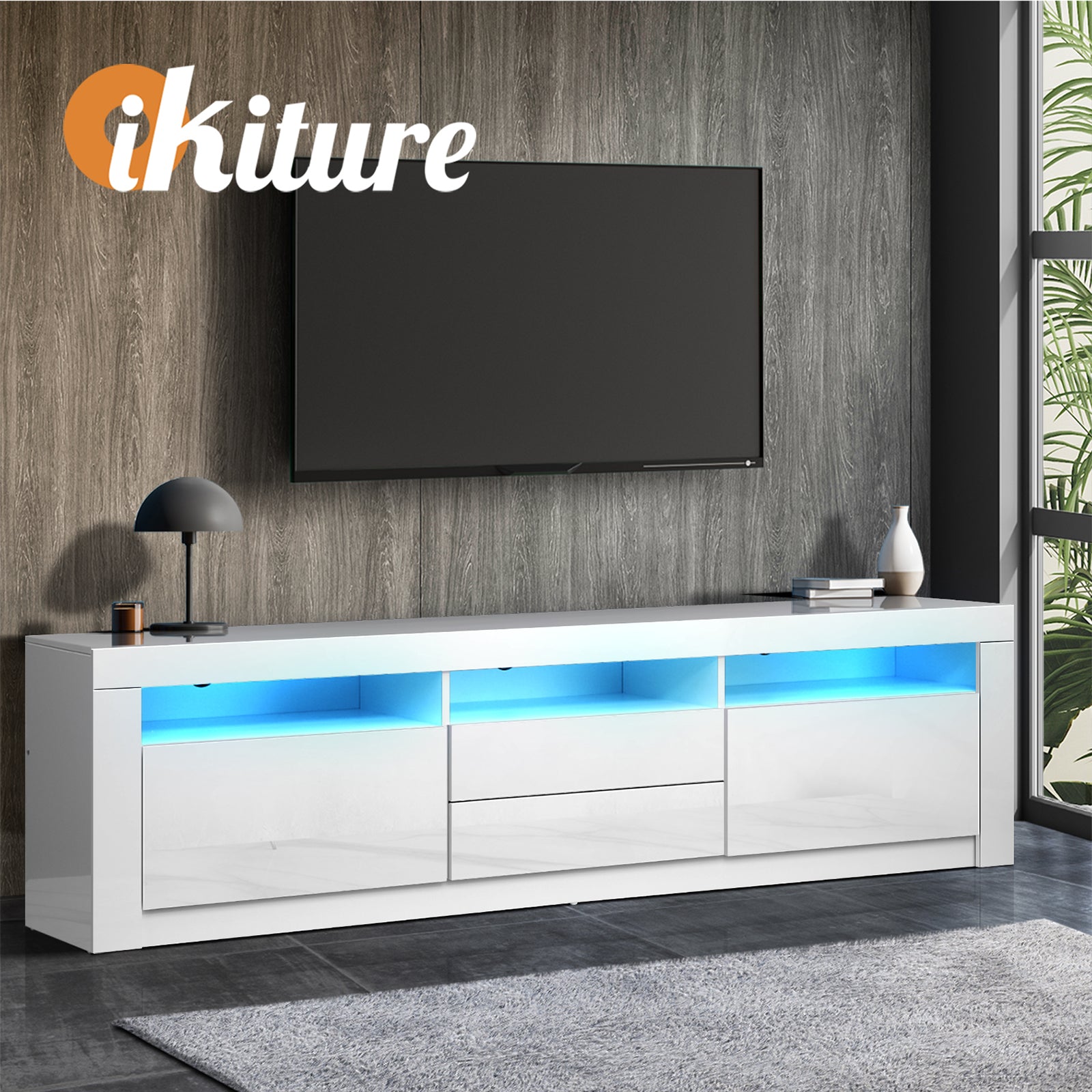 Oikiture TV Cabinet Entertainment Unit Stand RGB LED Gloss Furniture White 180CM - Sunyee