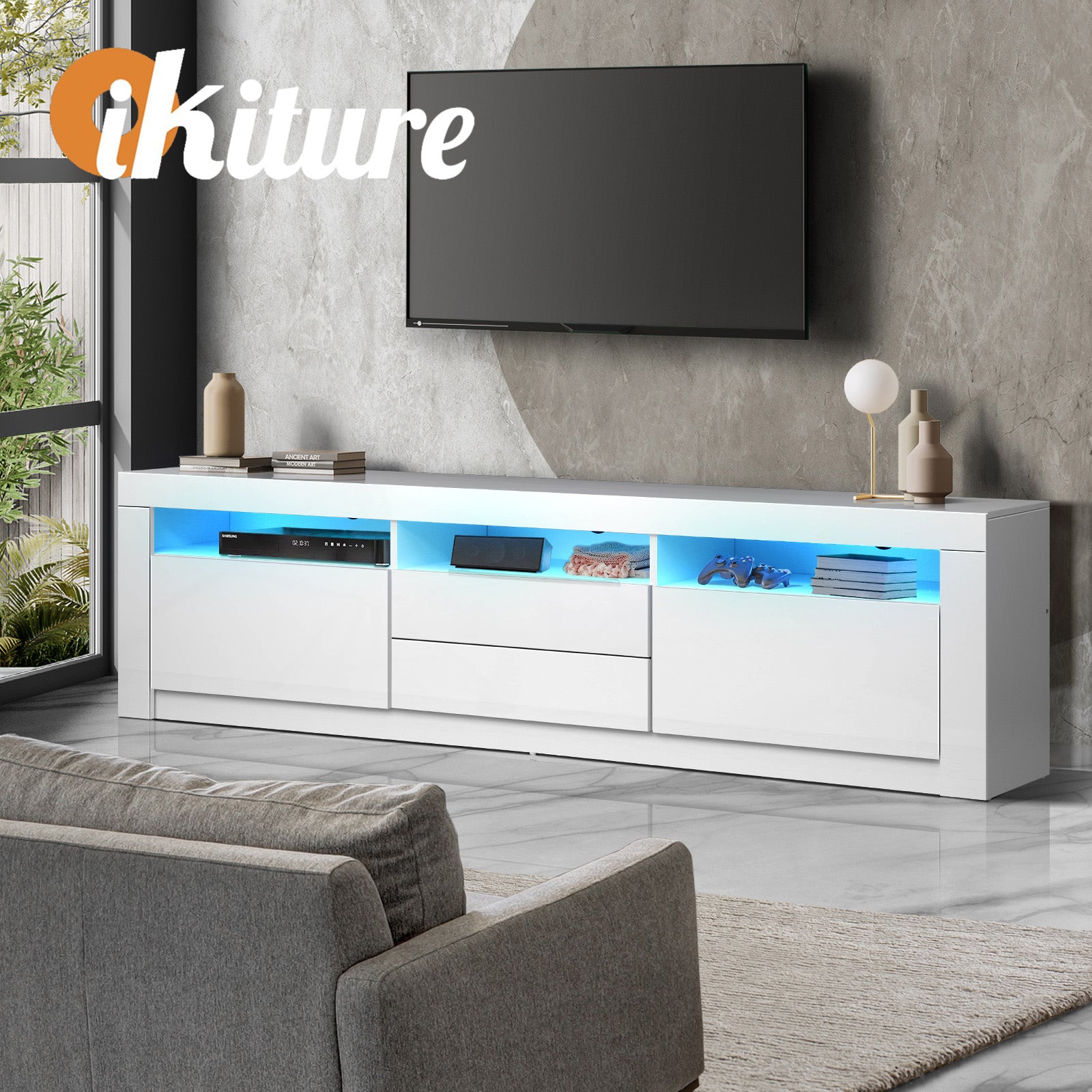 Oikiture TV Cabinet Entertainment Unit Stand RGB LED Gloss Furniture White 180CM - Sunyee