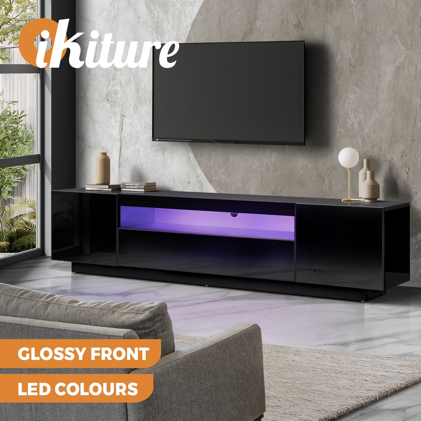 Oikiture TV Cabinet Entertainment Unit Stand LED RGB Gloss Storage Furniture - Sunyee