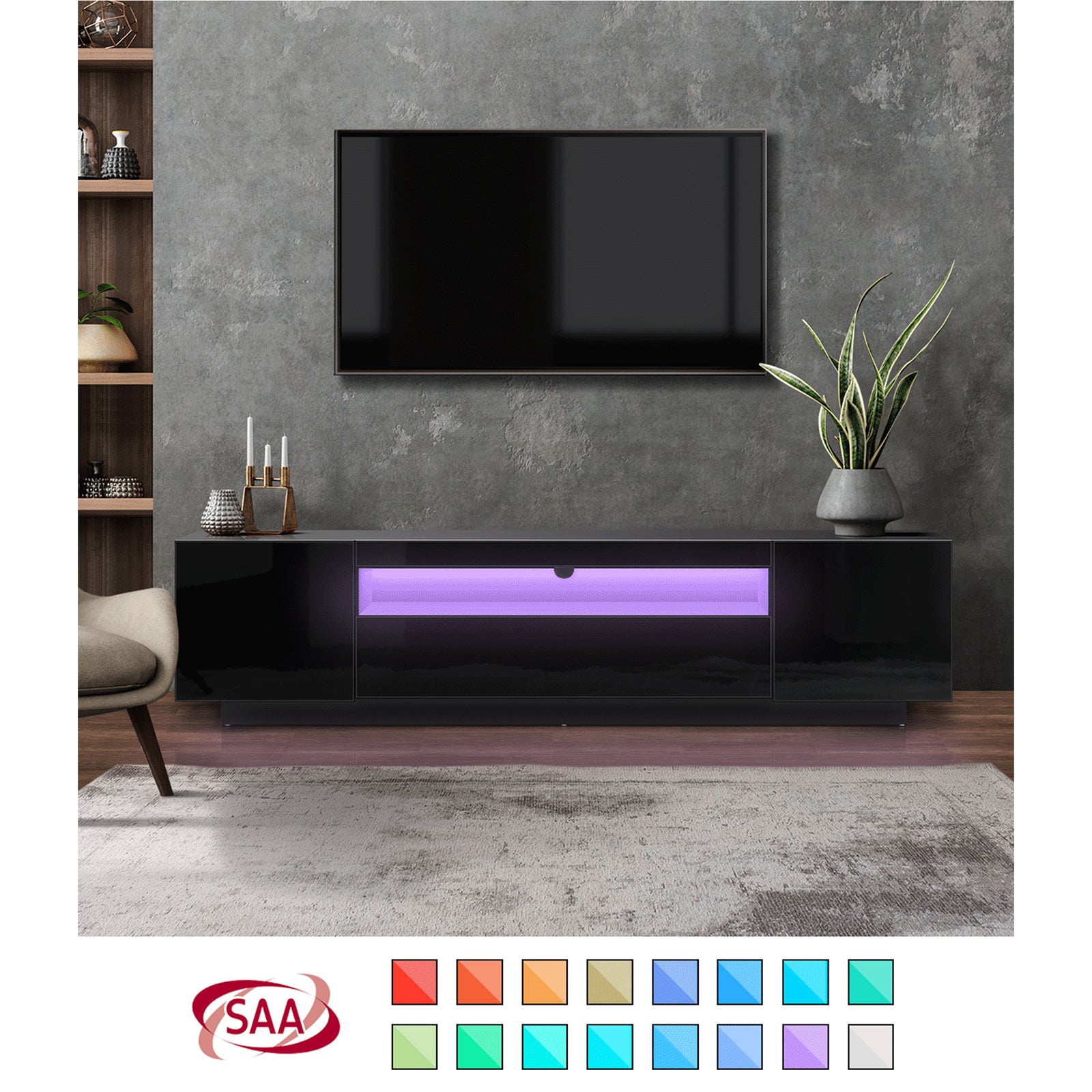 Oikiture TV Cabinet Entertainment Unit Stand Gloss RGB LED Furniture Black 180CM - Sunyee