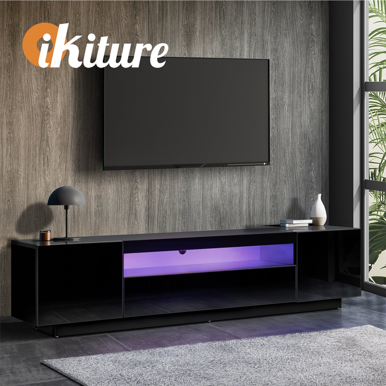 Oikiture TV Cabinet Entertainment Unit Stand Gloss RGB LED Furniture Black 180CM - Sunyee