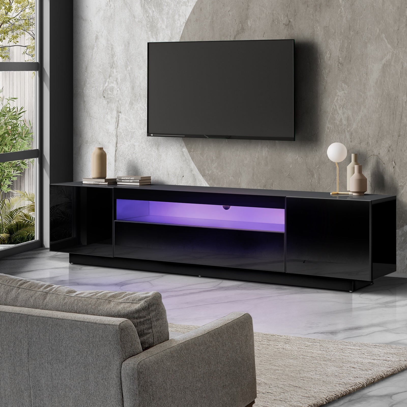 Oikiture TV Cabinet Entertainment Unit Stand Gloss RGB LED Furniture Black 180CM - Sunyee