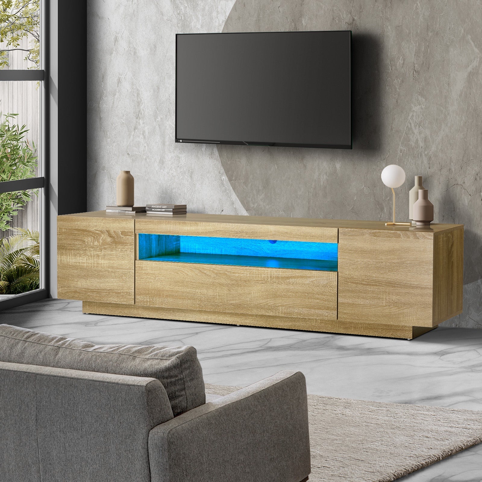 Oikiture TV Cabinet Entertainment Unit Stand Storage Shelf LED RGB Natural 180cm - Sunyee
