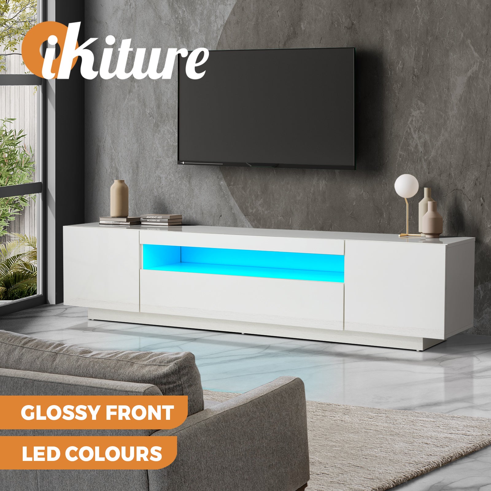 Oikiture TV Cabinet Entertainment Unit Stand LED RGB Gloss Storage Furniture - Sunyee