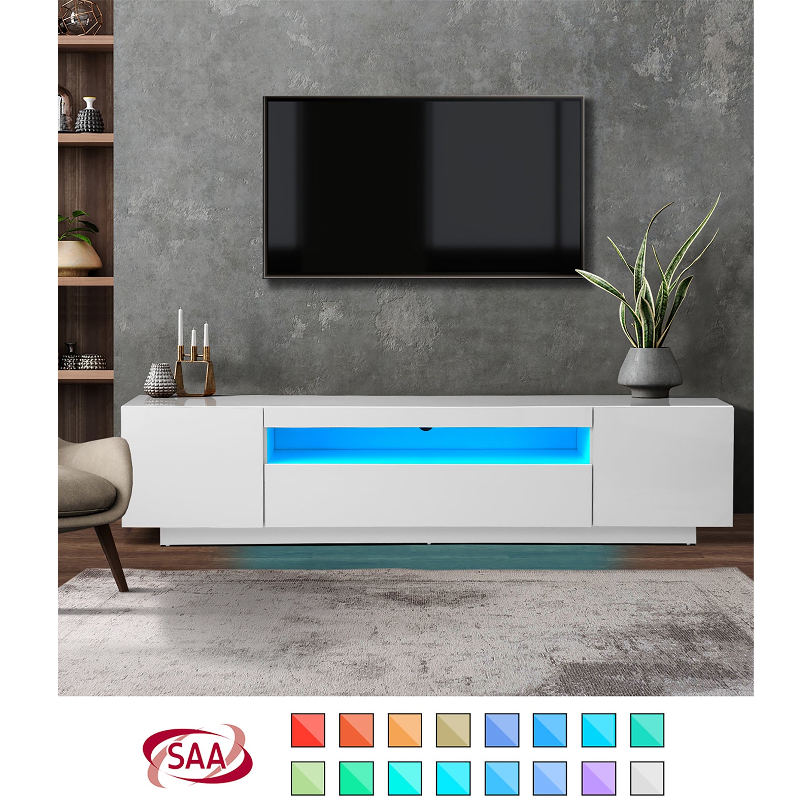 Oikiture TV Cabinet Entertainment Unit Stand Gloss RGB LED Furniture White 180CM - Sunyee