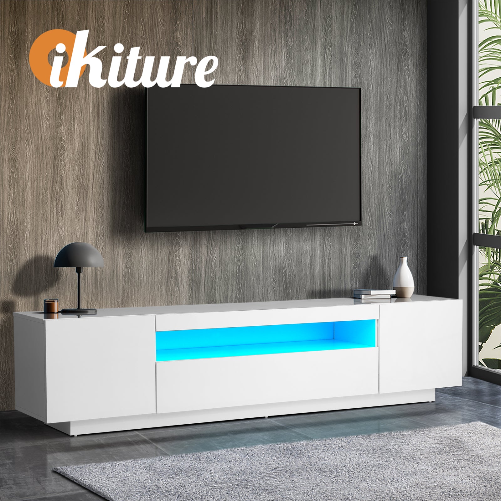 Oikiture TV Cabinet Entertainment Unit Stand Gloss RGB LED Furniture White 180CM - Sunyee