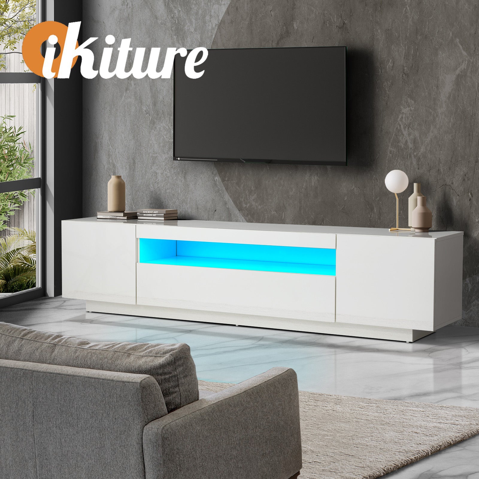Oikiture TV Cabinet Entertainment Unit Stand Gloss RGB LED Furniture White 180CM - Sunyee