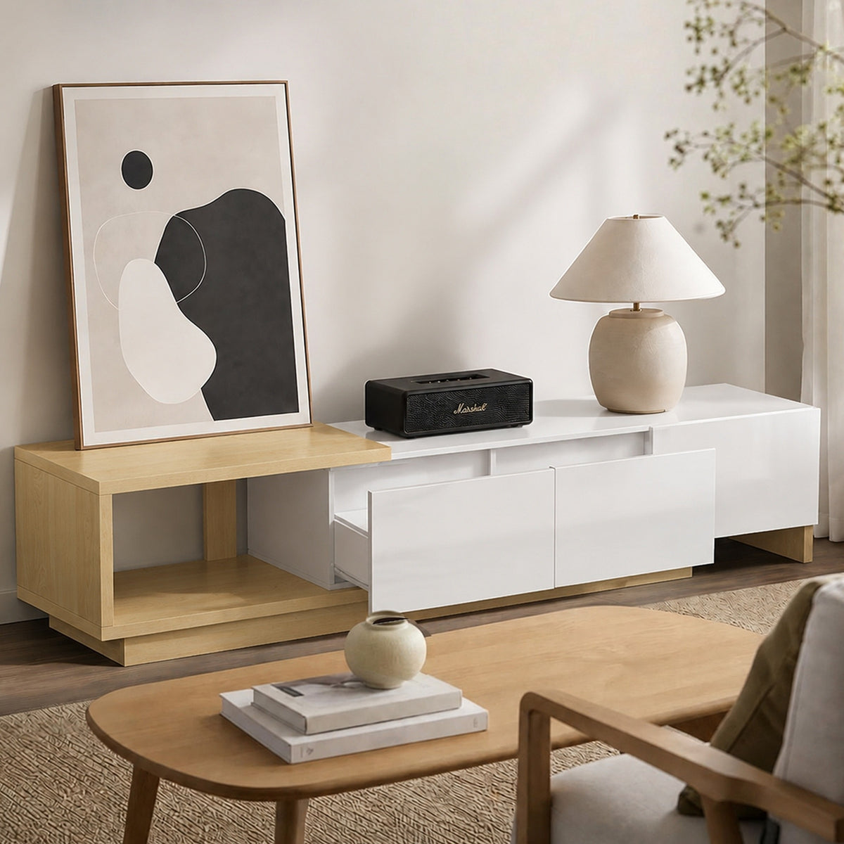 Oikiture 160-211cm Extendable TV Cabinet Entertainment Unit Stand with 3 Drawers