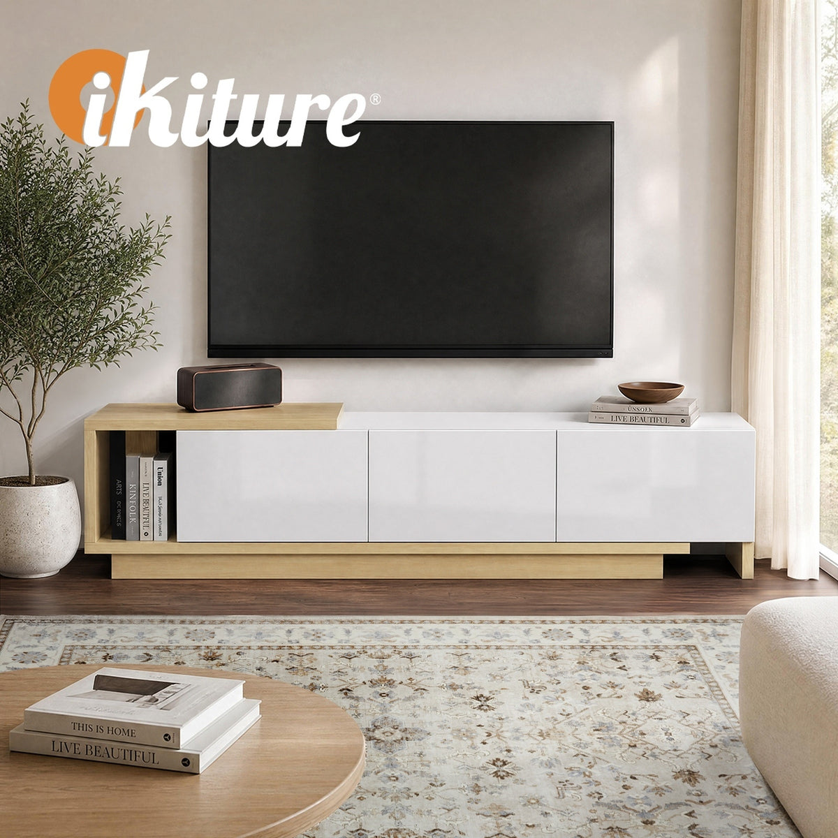 Oikiture 160-211cm Extendable TV Cabinet Entertainment Unit Stand with 3 Drawers