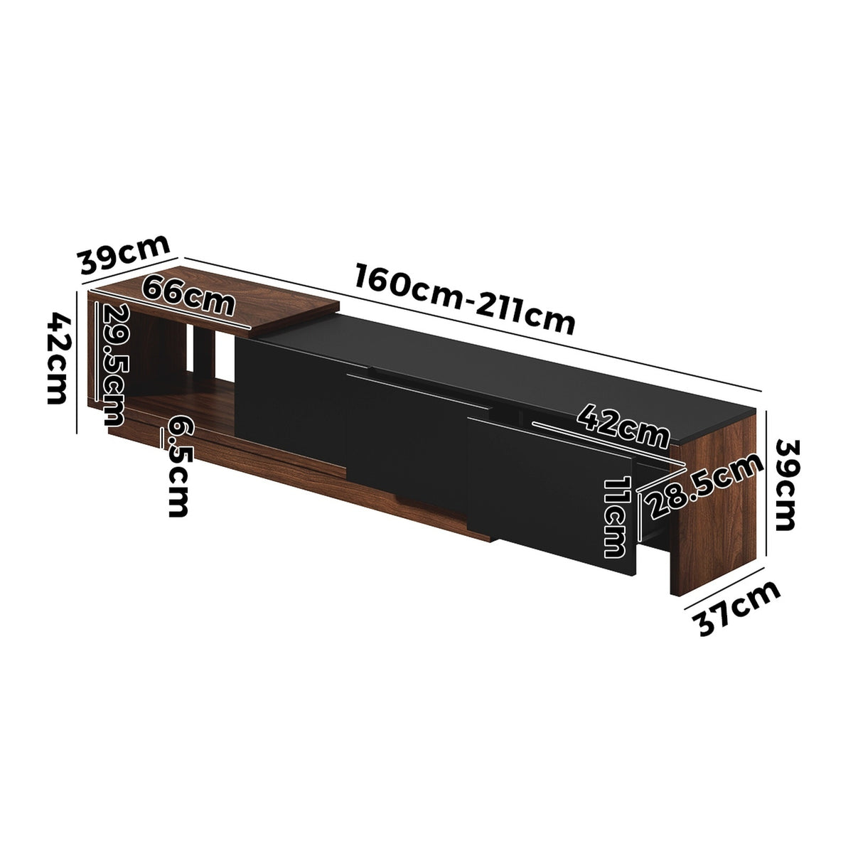 Oikiture 160-211cm Extendable TV Cabinet Entertainment Unit Stand 3 Drawers