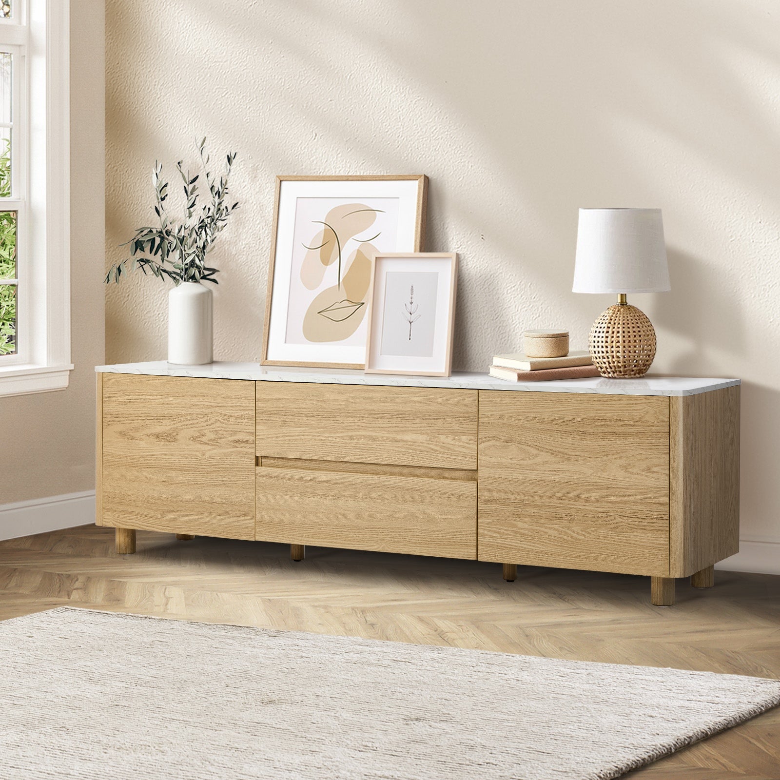 Oikiture TV Cabinet Entertainment Unit Stand 160cm Storage Drawer Natural - Sunyee