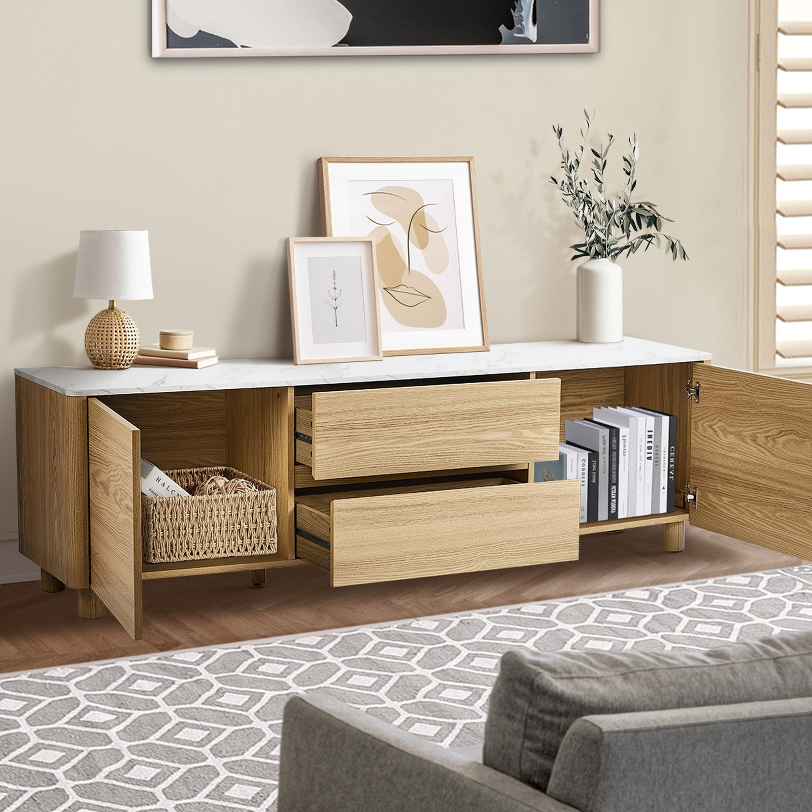 Oikiture TV Cabinet Entertainment Unit Stand 160cm Storage Drawer Natural - Sunyee