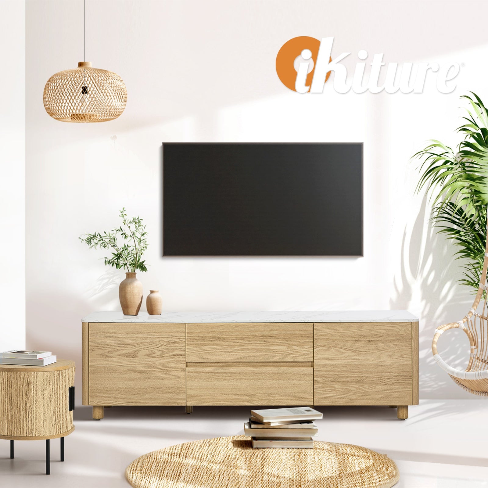 Oikiture TV Cabinet Entertainment Unit Stand 160cm Storage Drawer Natural - Sunyee