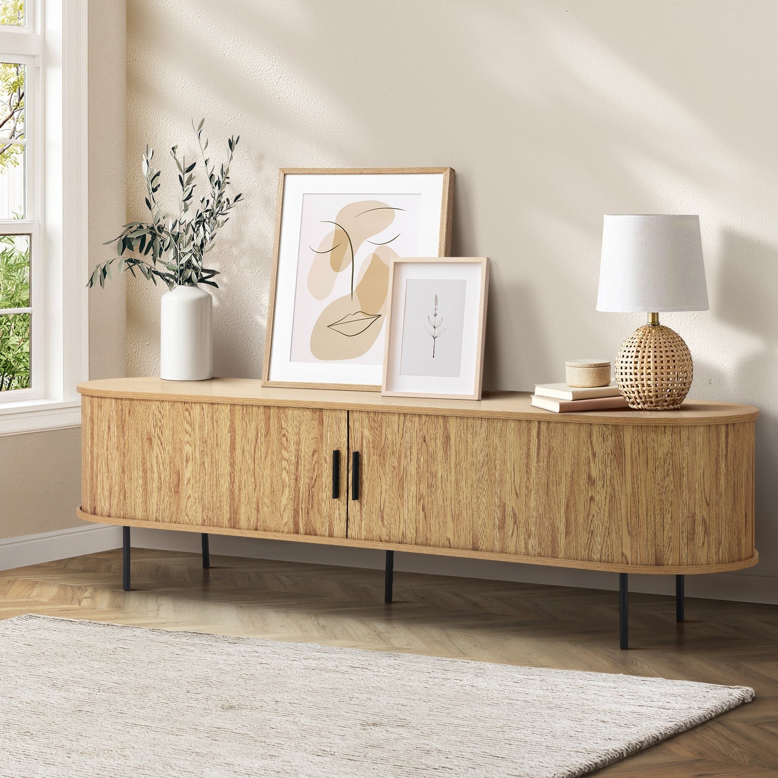 Oikiture TV Cabinet Entertainment Unit Stand 160cm Tambour Sliding Doors Oak - Sunyee