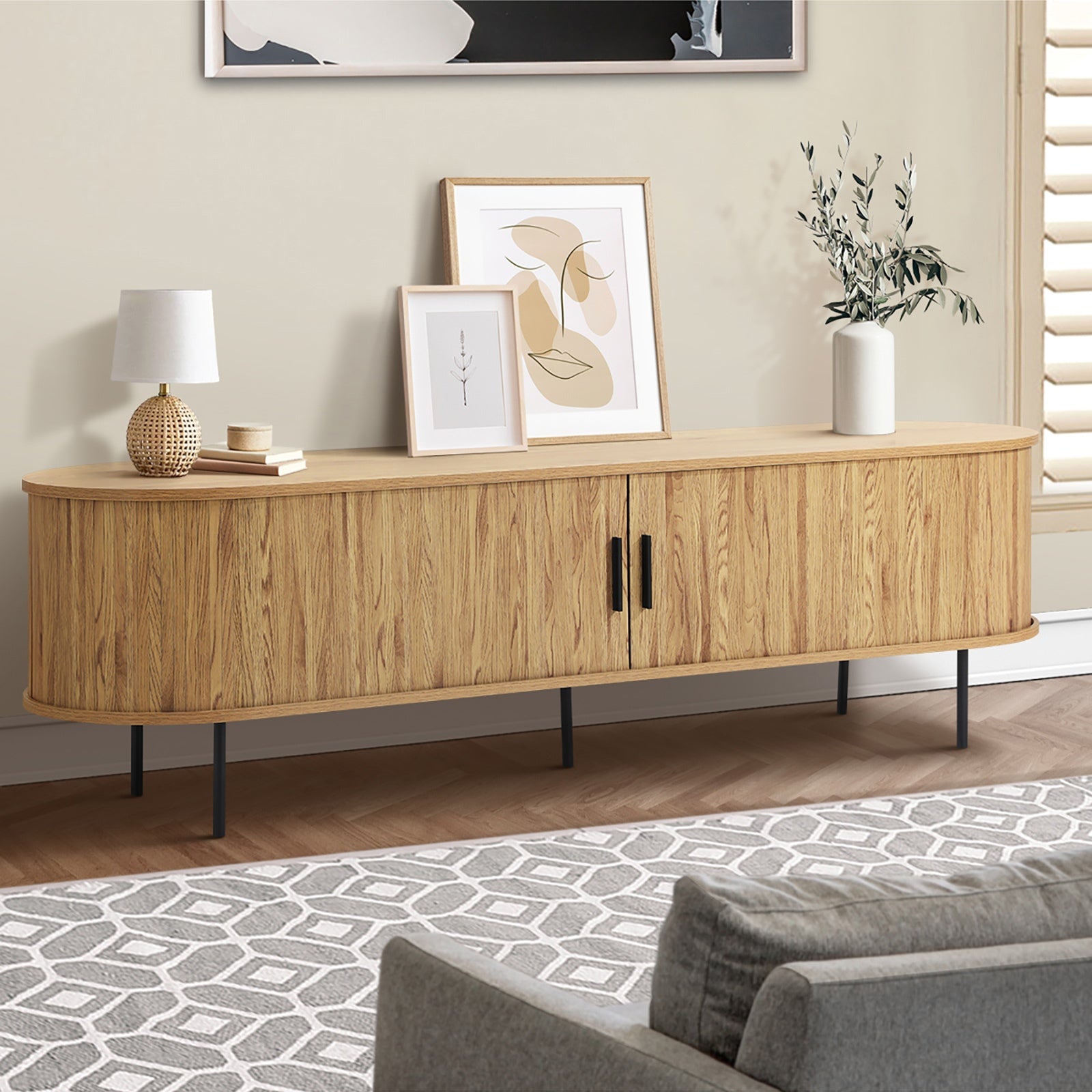 Oikiture TV Cabinet Entertainment Unit Stand 160cm Tambour Sliding Doors Oak - Sunyee